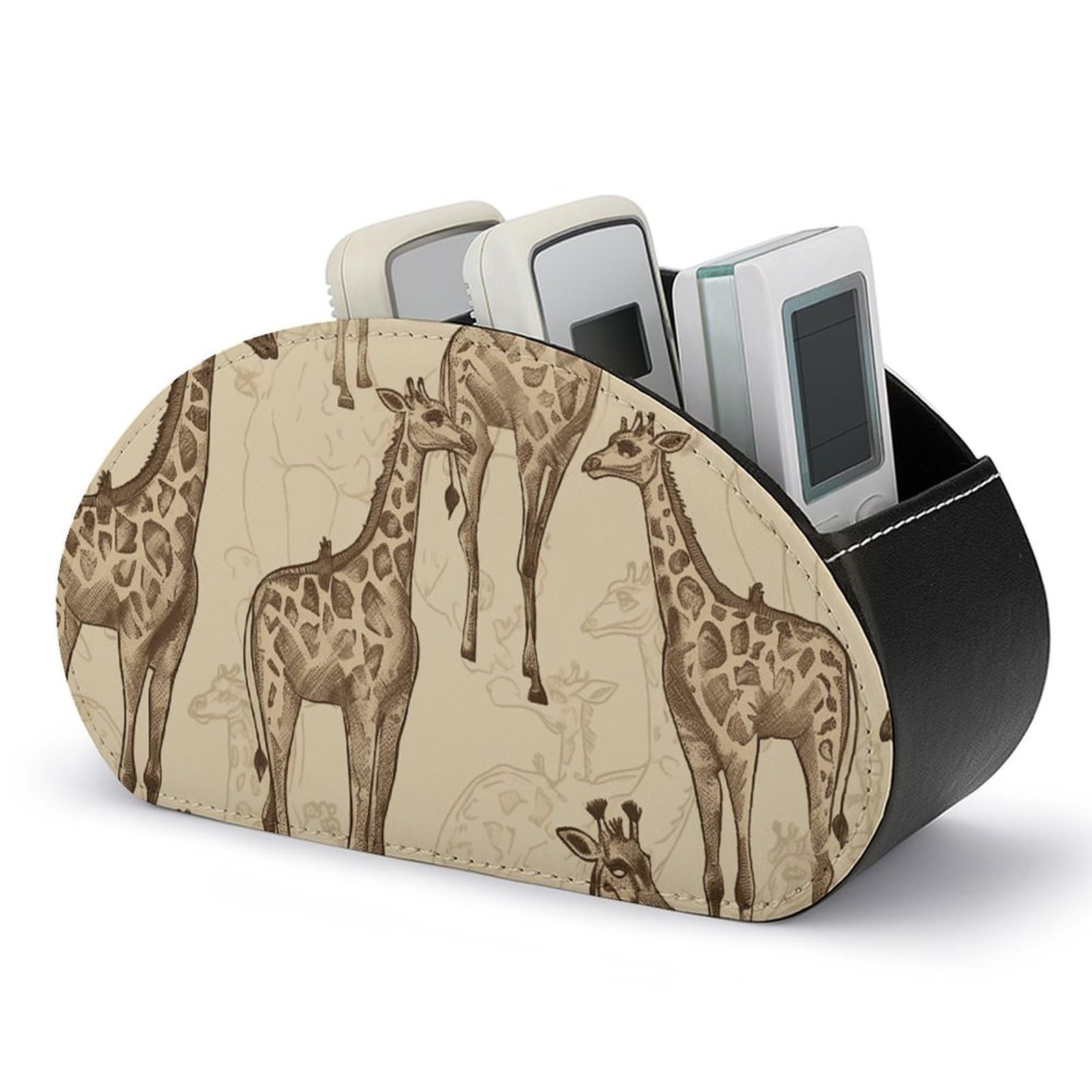 DWVTSLH Hand Drawn Giraffes Remote Control Holder with 5 Compartments - PU Leather TV Remote Holder Remote Caddy Desktop Organizer Makeup Brush Holder, Remote Storage Box for Home Office