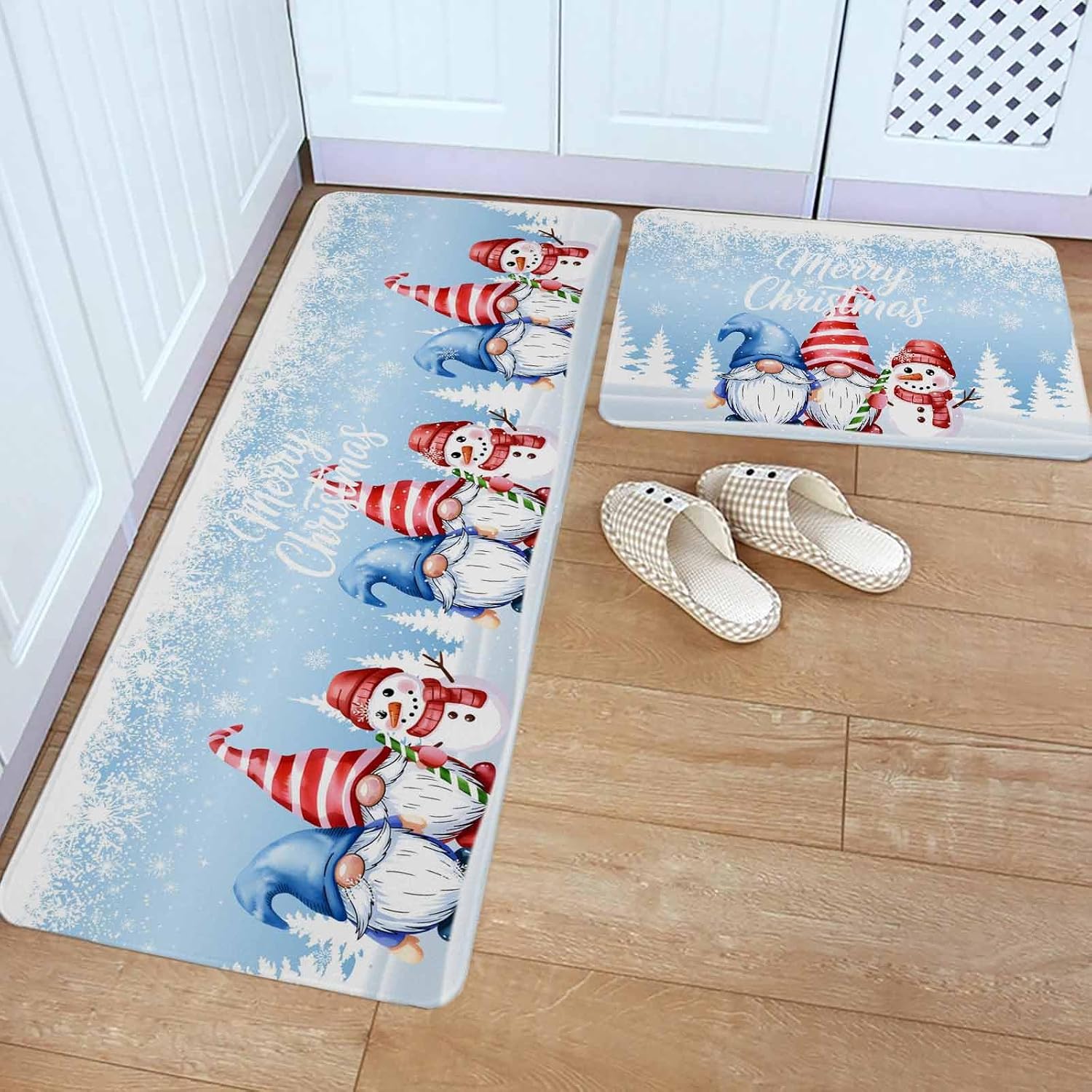 Blue Christmas Kitchen Rugs and Mats Set of 2, Non-Slip Kitchen Sink Mat, Winter Snowman Gnomes Pine Trees Snowy Washable Doormat Bathroom Rugs Runner for Bedroom/Living Room 19.7"x31.5"+19.7"x47.2"