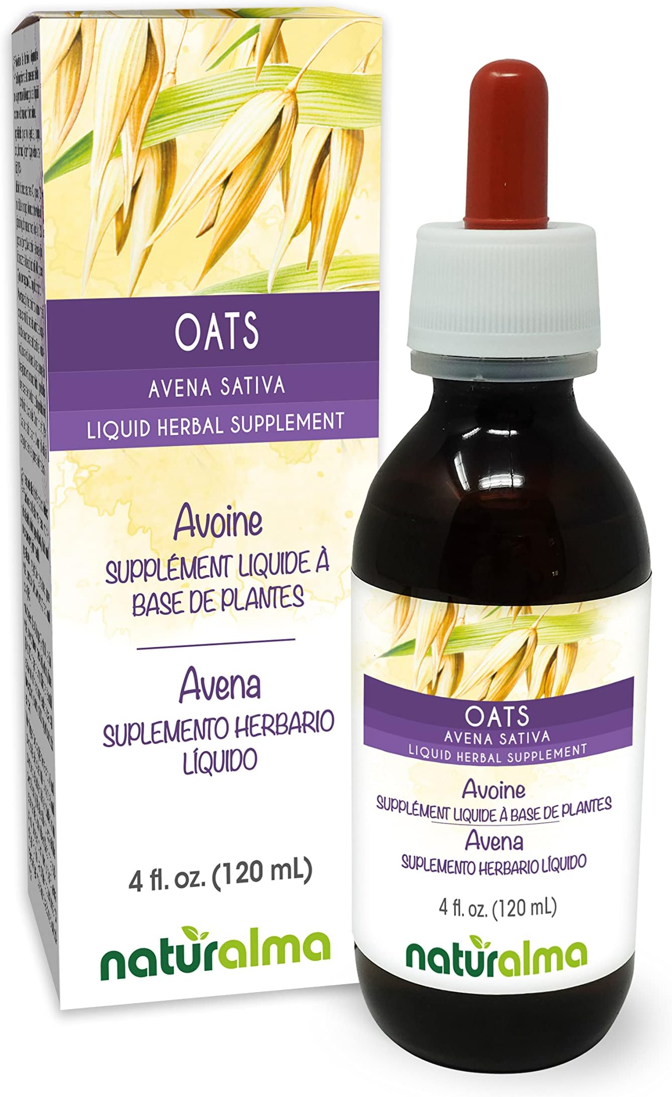 Naturalma Oats (Avena Sativa) Tops Alcohol-Free Tincture - 4 fl oz Liquid Extract in Drops - Herbal Supplement - Vegan