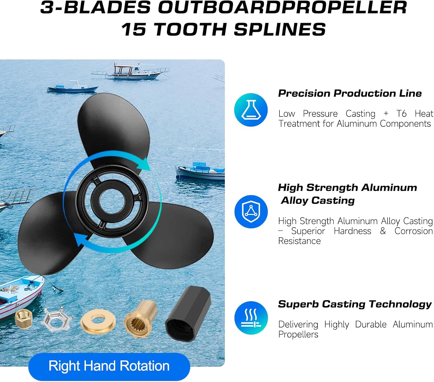 48-77344A45 OEM 13 1/4 x17 Pitch Upgrade Aluminum Propeller Compatible fit Mercury Outboard Engines 60-115 HP,15 Spline Tooth,Interchangable Hub Kits Included, Rh