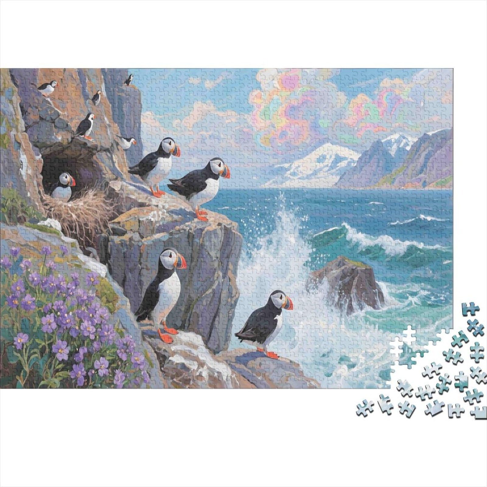 Puffins Coastal Cliff 1000 Piece Jigsaw Puzzle Jigsaw Puzzle for Adults Scenic Ocean Relaxation Family Decor 38x26cm/1000pcs