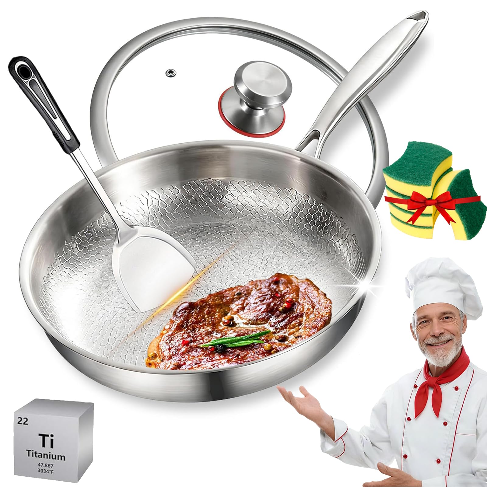 Titanium Pro Pan, 2026 Upgrade Pure Titanium Frying Pan with Lid, Non Stick Titanium Hammered Pan, Chemical-Free, Extreme Heat-Resistant & Lasts a Lifetime (10.23in, With Lid)