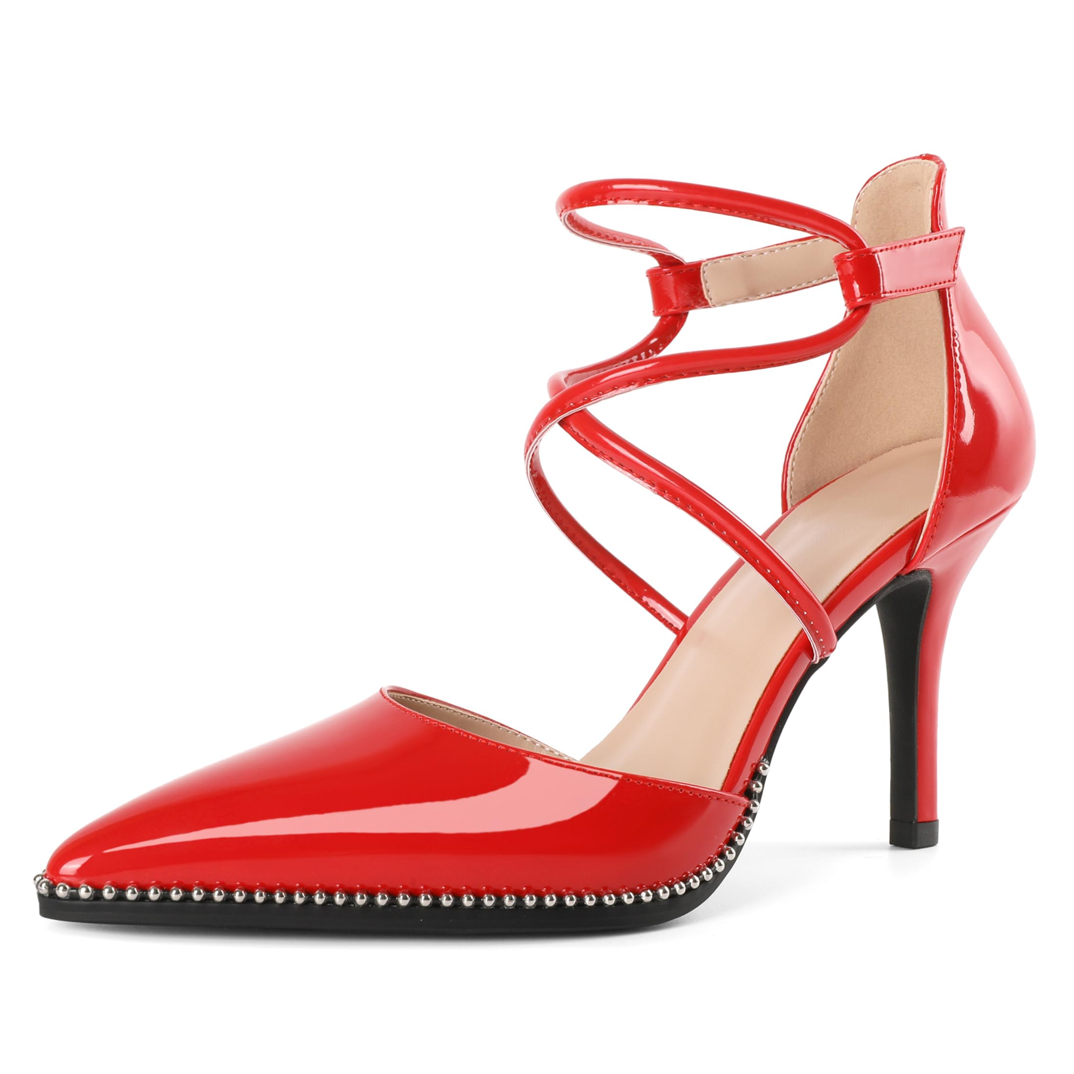 Soireelady Womens High Heel Stilettos Beaded Pumps Criss Cross Ankle Strappy Pointed Toe D'Orsay Heel Dress Shoes 3.5 Inch