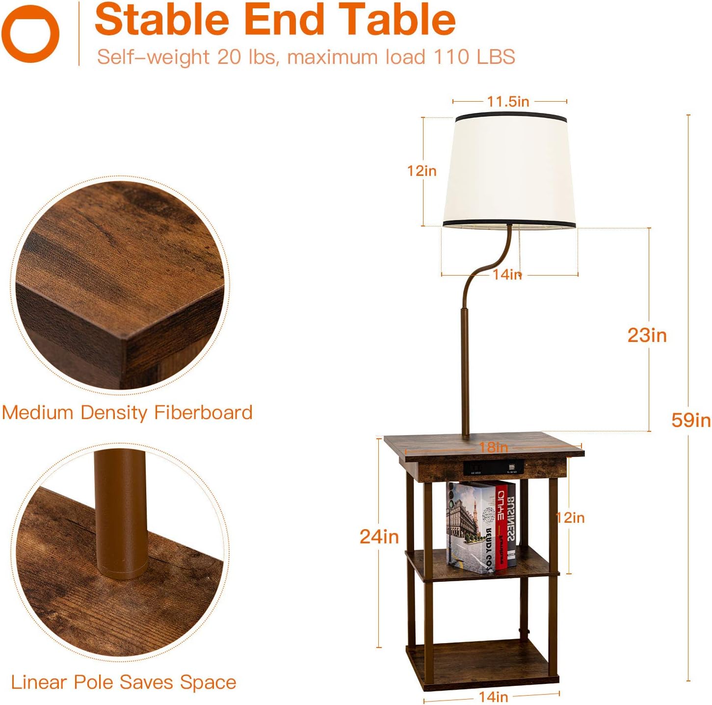 Tор Brаndѕ addlon Floor Lamp with End Table and USB Charging Ports, Modern Style Bedside Nightstand and Side Table with Attached Lamp and Storage Shelves for Bedroom, Living Room - UL Listed, Vintage