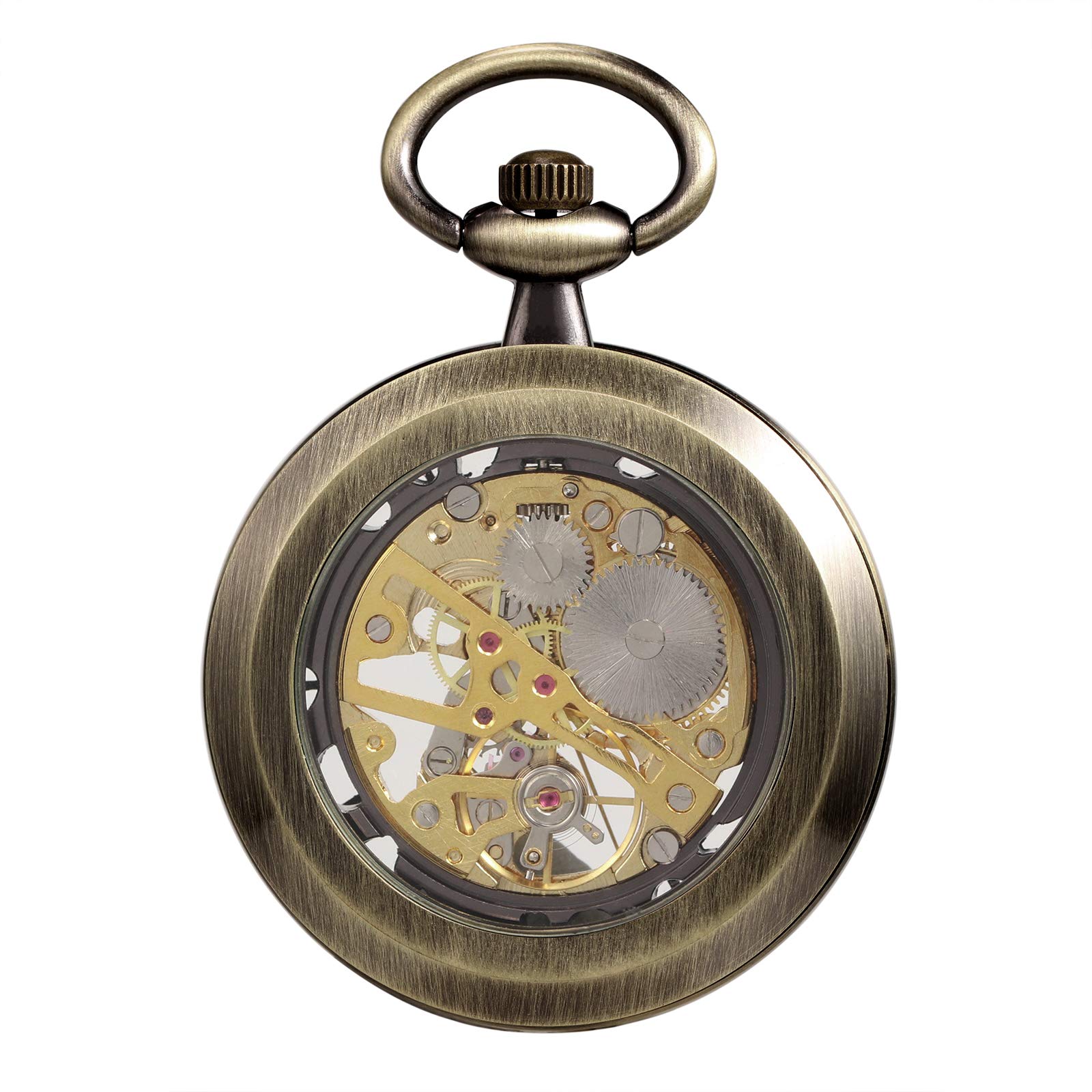 TREEWETO - Montre Gousset avec chaîne - pour Homme - Analogique - Remontage Manuel - Visage Ouvert - Mouvement Squelette - Bronze
