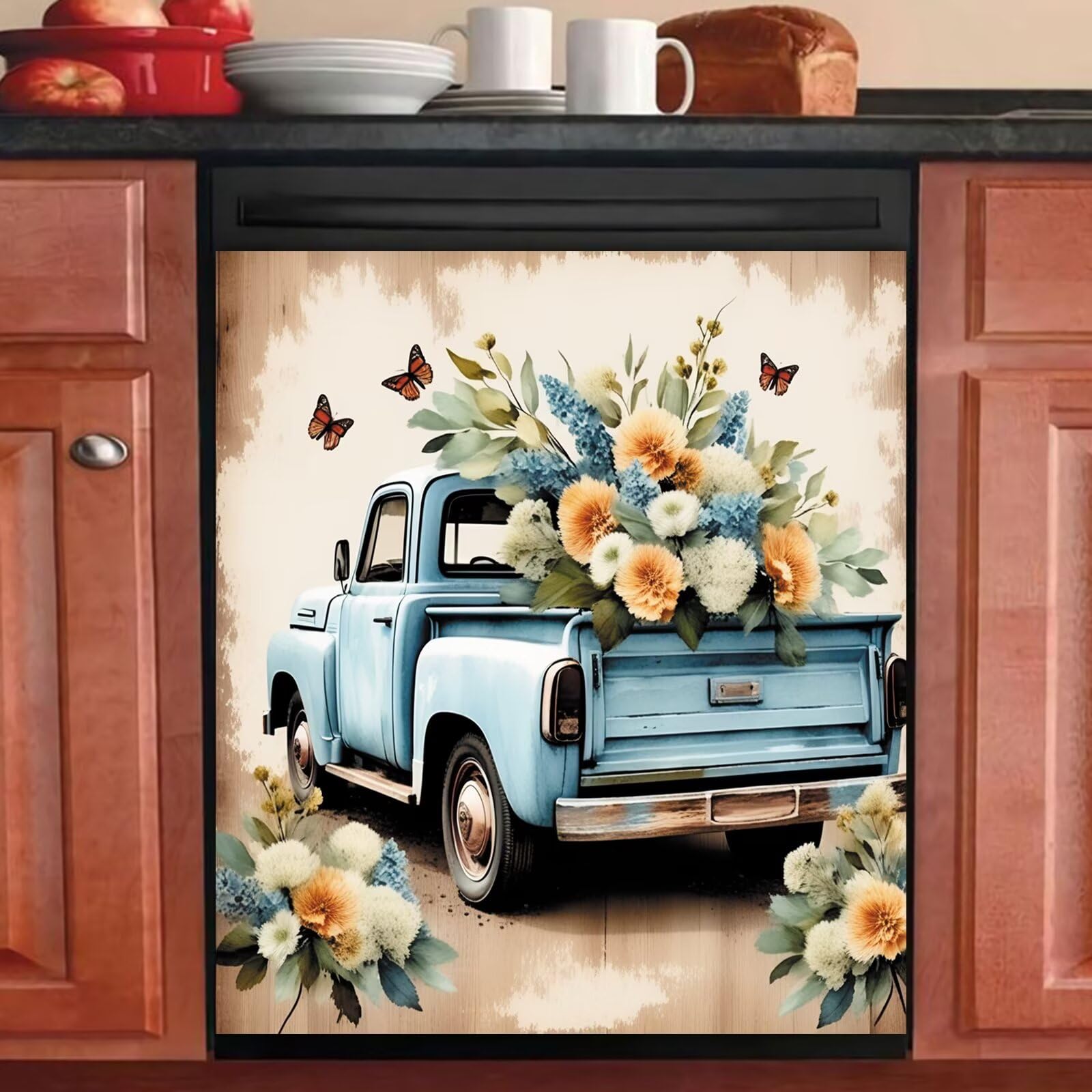 Farmhouse Blue Truck and Flowers Art Decal,Dishwasher Cover Magnet Truck Trunk with Floral,Rustic Style Kitchen Decor Door Magnet for Fridge
