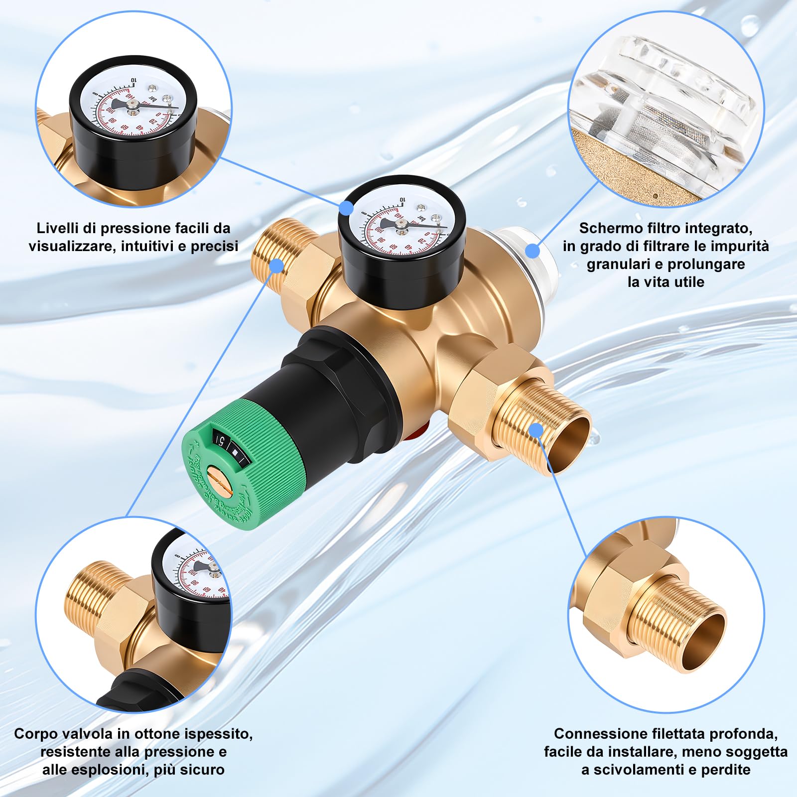 Diealles Shine regolatore di pressione acqua 3/4 pollici, regolatore di pressione acqua con manometro e filtro a setaccio, regolatore di pressione in ottone per case, edifici, fabbriche