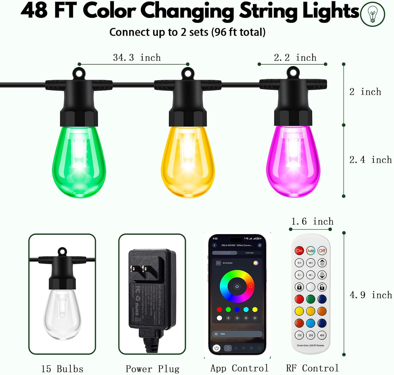 Outdoor String Lights Color Changing - 48FT Sync with Music Led Patio Lights Outdoor Waterproof with App and Remote Hanging 15 RGB Bulb Create Ambience for Garden, Cafe, Backyard, Christmas, Party