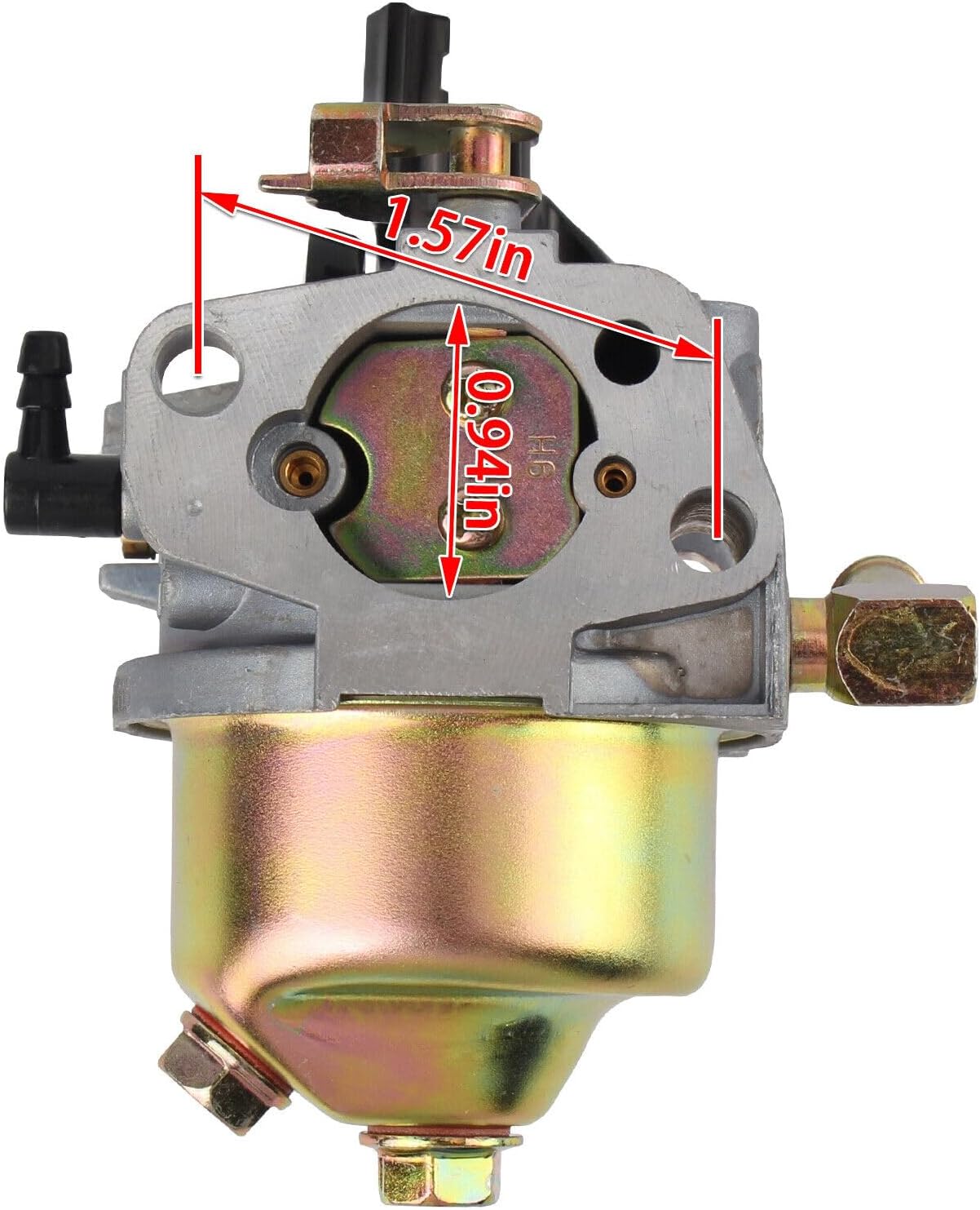 Carburetor side view with dimensions for height and width of the intake opening.