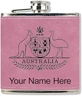 Faux Leather Flask, Coat of Arms Australia, Personalized Engraving Included (Pink)