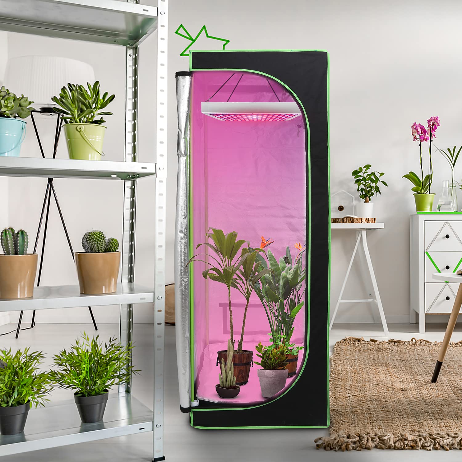 Tienda de cultivo 60 x 60 x 180 cm Tent reflectante Mylar Carpas de cría Gabinete Interior Invernadero para Plantas Crecimiento Carpa de Cultivo, Negra y Verde
