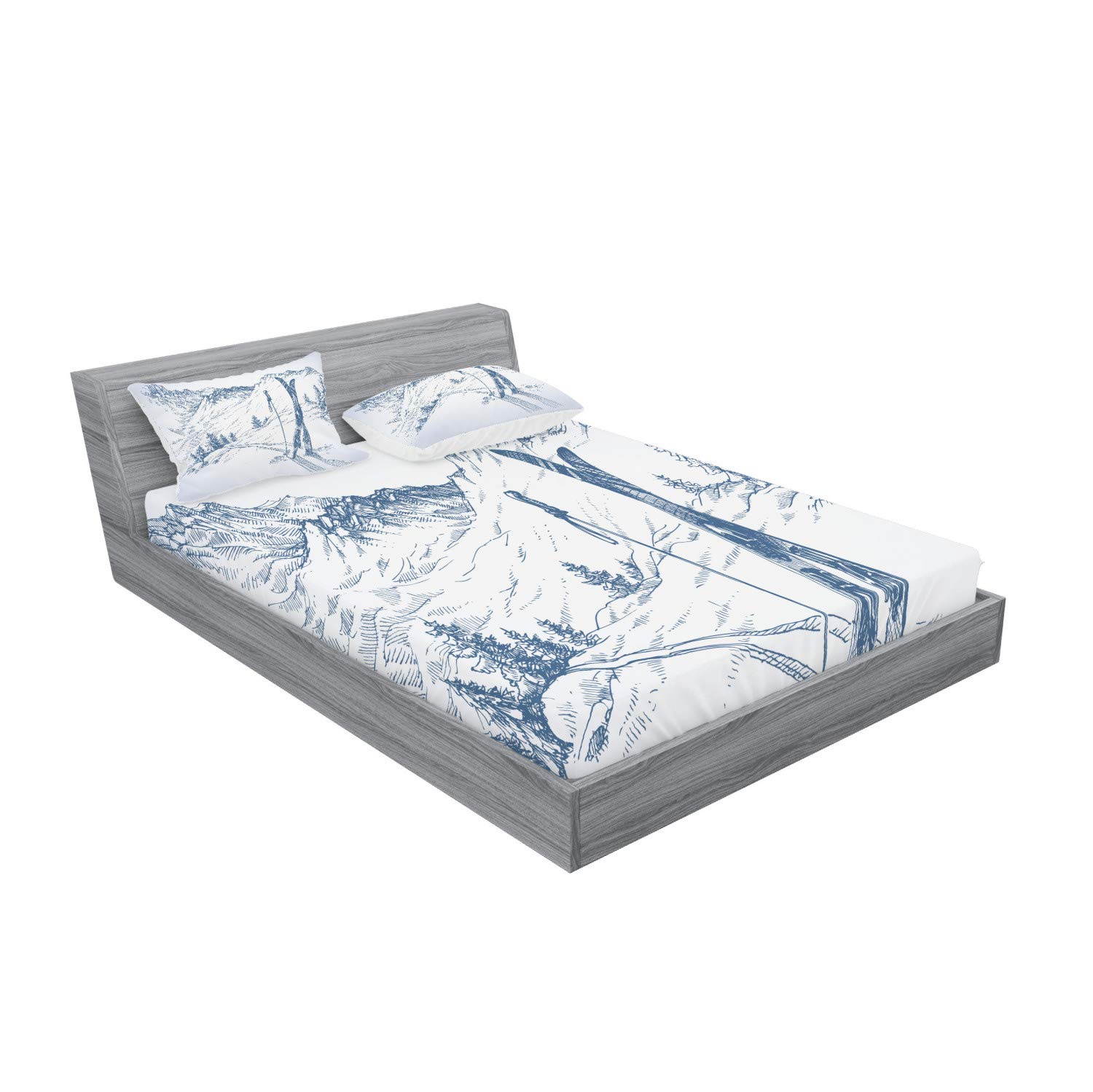 Ambesonne Winter Fitted Sheet & Pillow Sham Set, Sketchy Graphic of a Downhill Ski Elements in Snow Relax Calm View, Decorative Printed 3 Piece Bedding Decor Set, Queen, White Blue