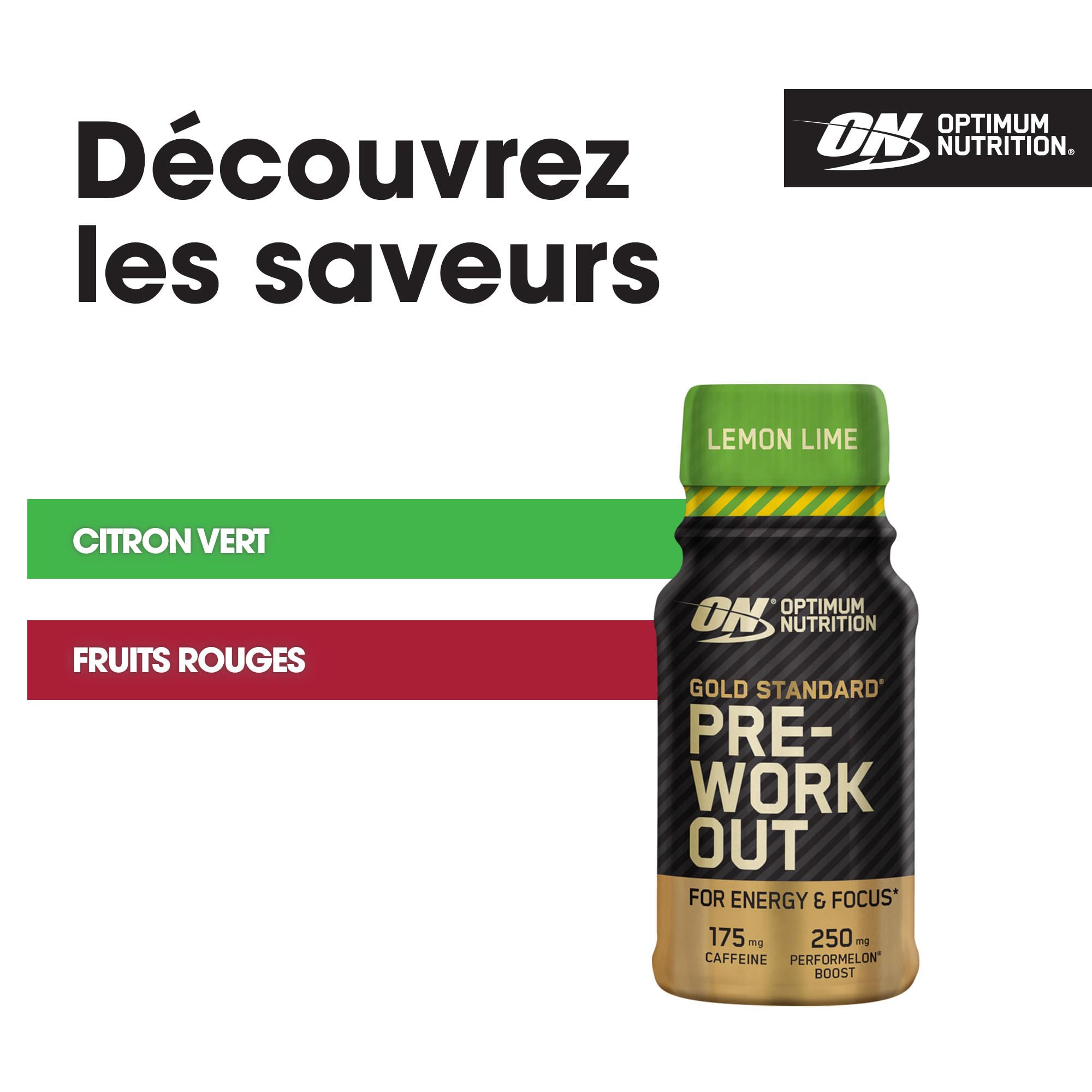 Optimum Nutrition Gold Standard Shots énergétiques Pre Workout, complément prêt à boire avec Bêta Alanine, Caféine, PerforMelon et Vitamines B6 et B12, Goût Citron vert, Pack de 12 (12 x 60 ml)