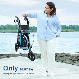 WALK MATE 3 Wheel Rollator Walker with Seat for Slim Seniors, Padded Backrest Lightweight Foldable Walker Ideal for Elderly, 8 Inch Tri-Wheel Modern Mobility Walking Aid Aluminum, Blue