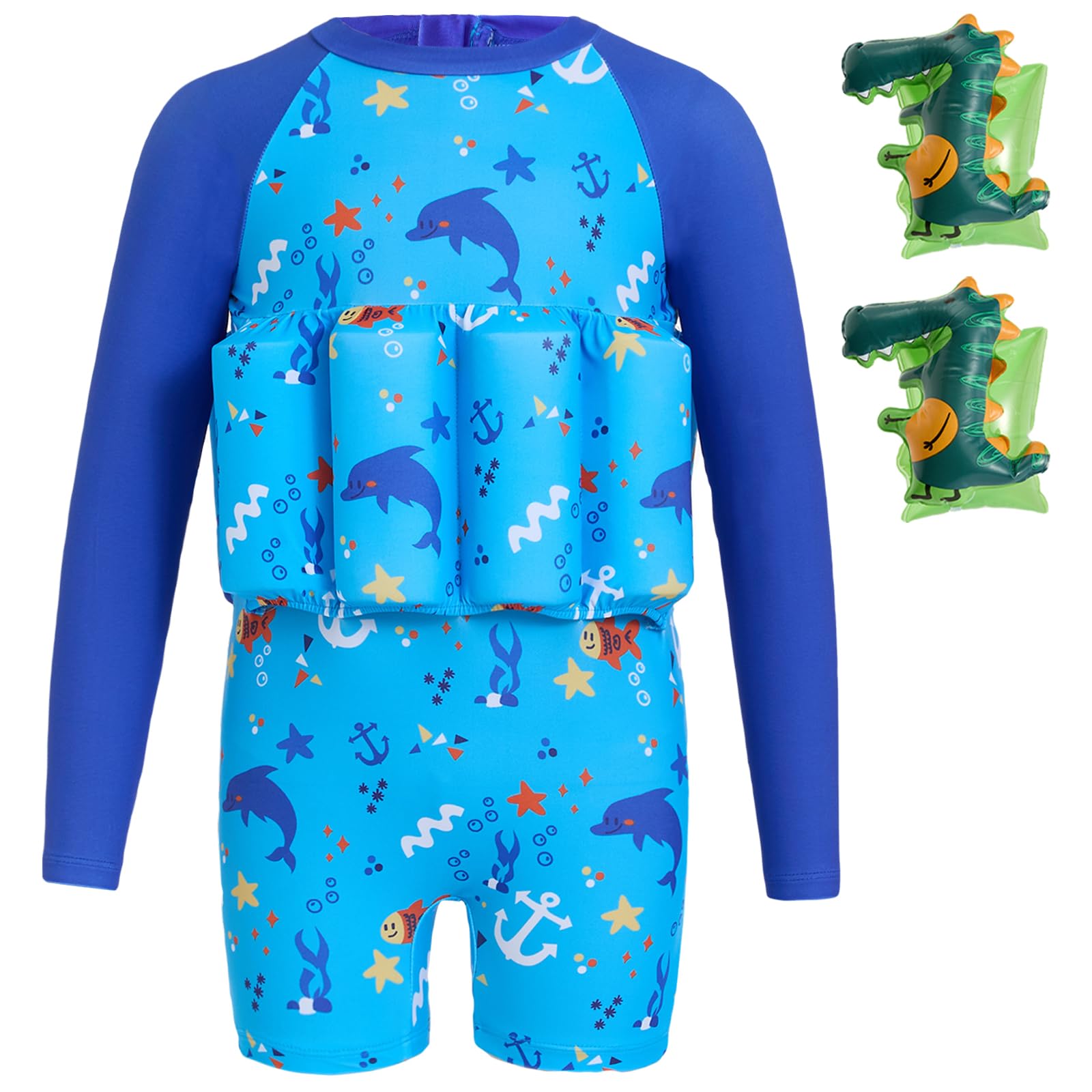 Gogokids Toddler Swim Vest, UPF 50+ Long Sleeve Float Suit with 8 Removable Buoyancy Pads & Arm Floats, Back Zip Learn-to-Swim for Kids 1-6 Years (10-20kg)