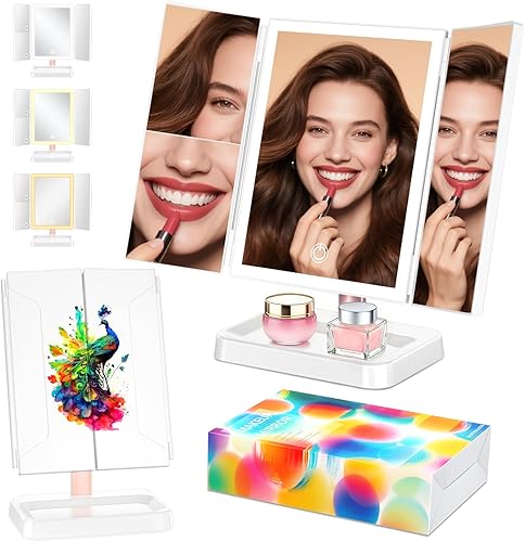 Espejo de maquillaje iluminado, espejo de tocador regulable con luces, tres modos de iluminación de color y aumento 1X 2X 3X Pavo real B,Peacock