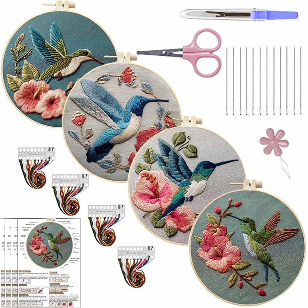 Meecaa Hummingbird 4P Embroidery Kit Starter Set, Bird Animal Flower Hand Embroidery Set, Pattern Printed Cross Stitch Set For Beginner Adults, With Embroidery Hoop And Instructions (Hummingbird)