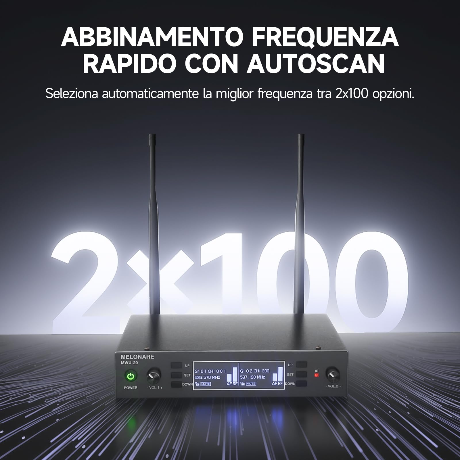 MELONARE Sistema Microfonico Wireless UHF Dual Auto Scan MWU-20-2H | 2 microfoni palmari dinamici, 2 x 100 frequenze, portata 260 piedi, canto, karaoke, chiesa e set DJ