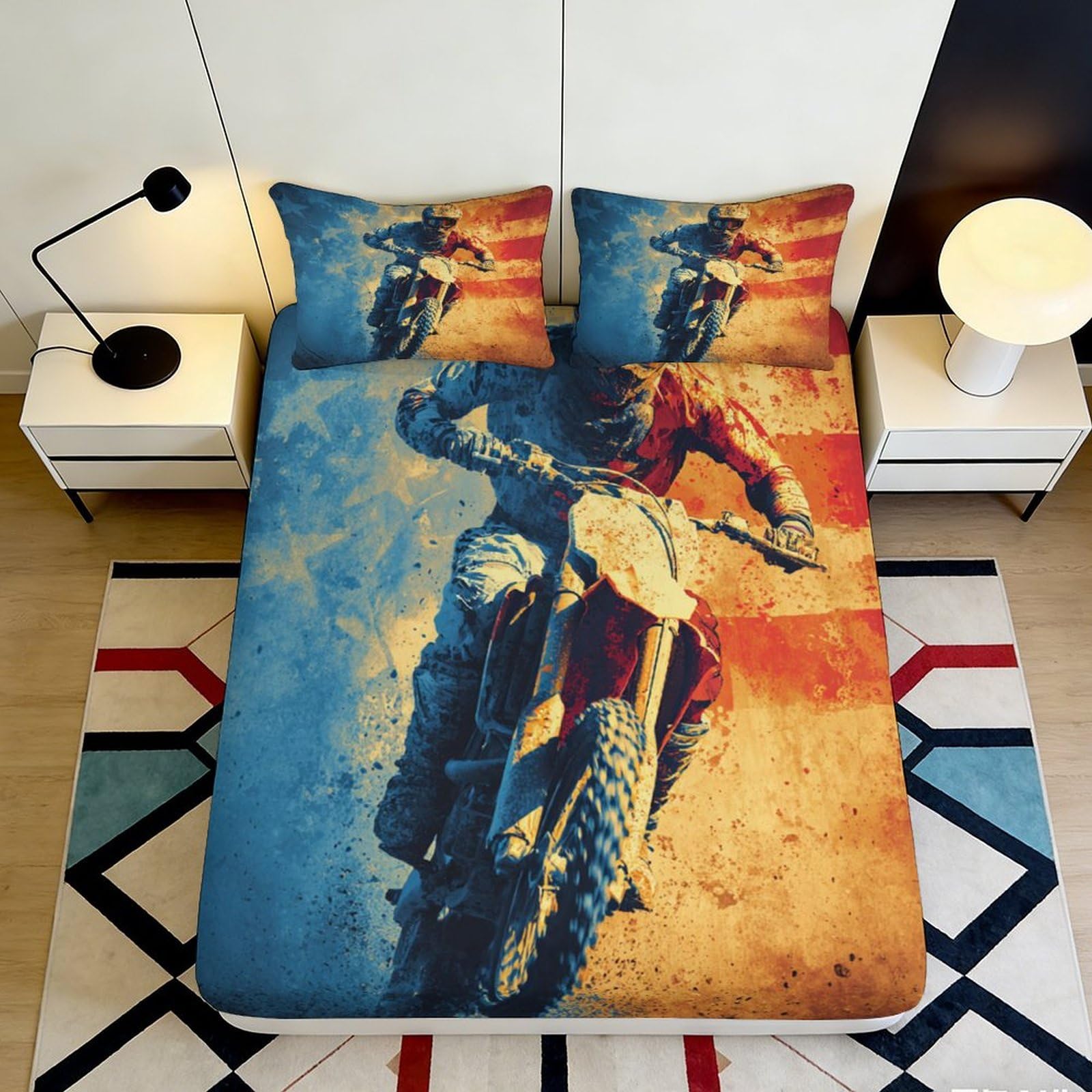 3D Printed Motocross Dirt Bike Fitted Sheet Microfiber Blue Orange Bed Cover for Bedroom Guest Room Decor 90x200x25cm