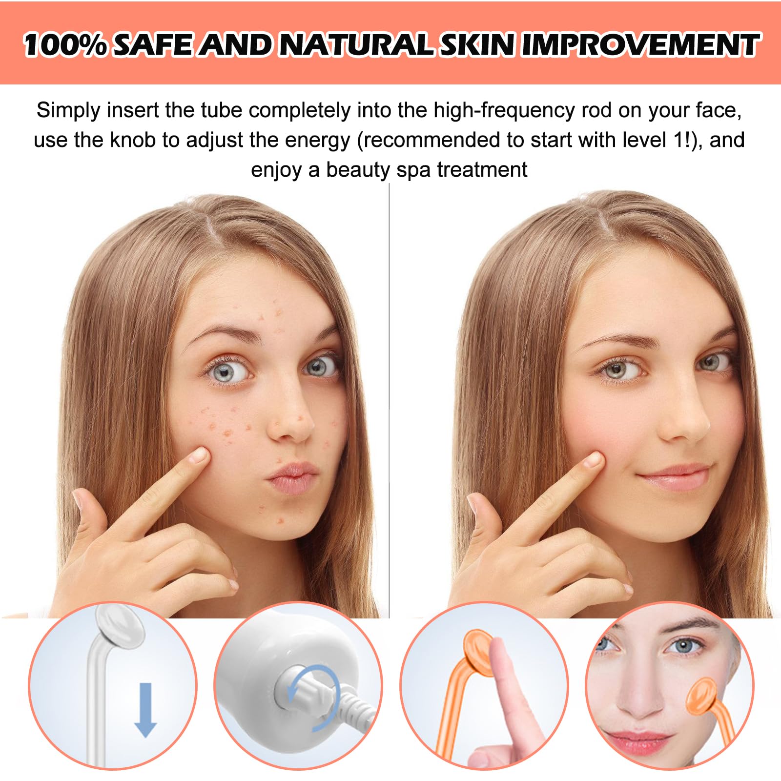Hochfrequenzstab Gesicht mit 6 Neon Argon Röhren, Tragbares Hochfrequenzgerät für Hautstraffung, Aknebehandlung, Faltenreduzierung, Geschwollene Augen & Gesichtsmassage