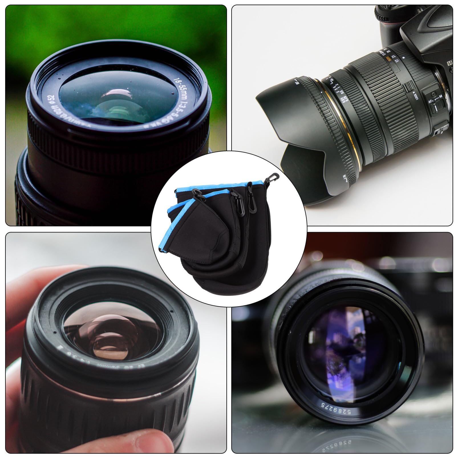 SEWACC 2 Series Funda para Lentes De Cámara De Neopreno De Unidades Diseño con Cierre Protección para Lentes DSLR Espejo Color Azul 4 Piezas*2