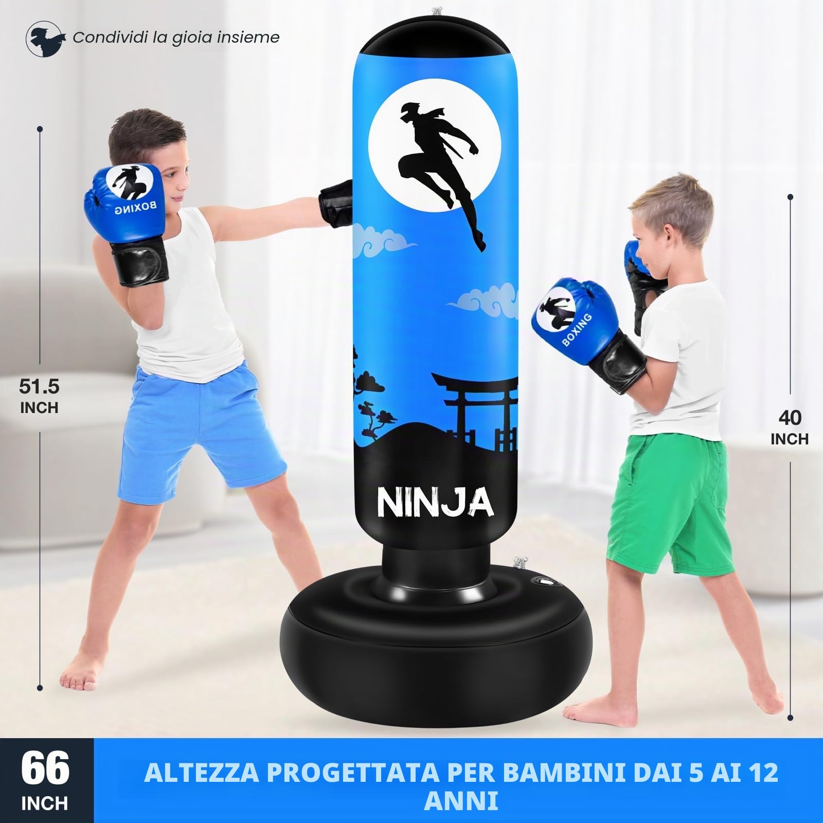 Sacco da boxe grande e stabile per bambini, pungiball bambini gonfiabile alto 168 cm, regalo per ragazzi e ragazze dai 5-12 anni, per praticare karate, taekwondo, MMA