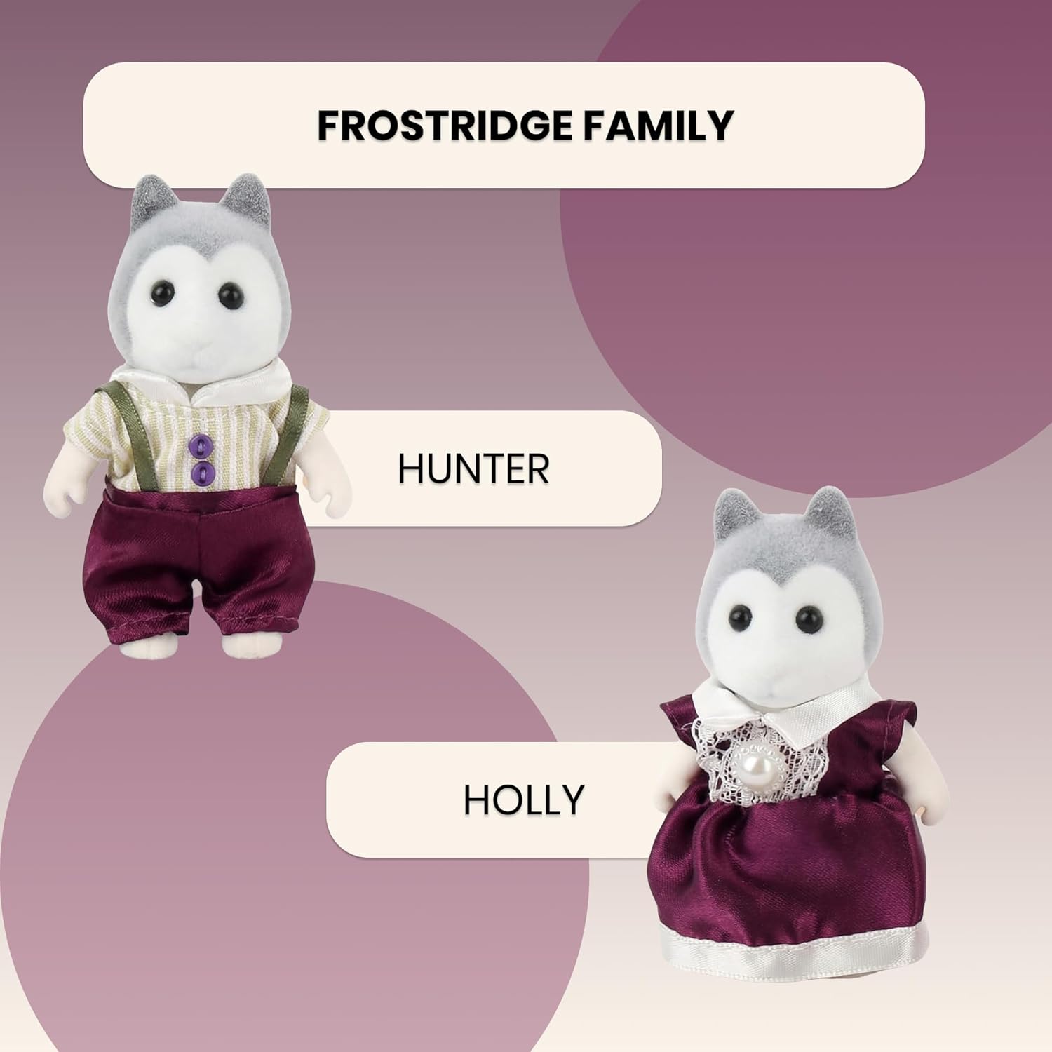 Family Gray Husky Figures — Set of 2 Collectible Flocked Mini Dolls with Removable Clothes, Dollhouse Pretend Play Set for Kids Ages 3+