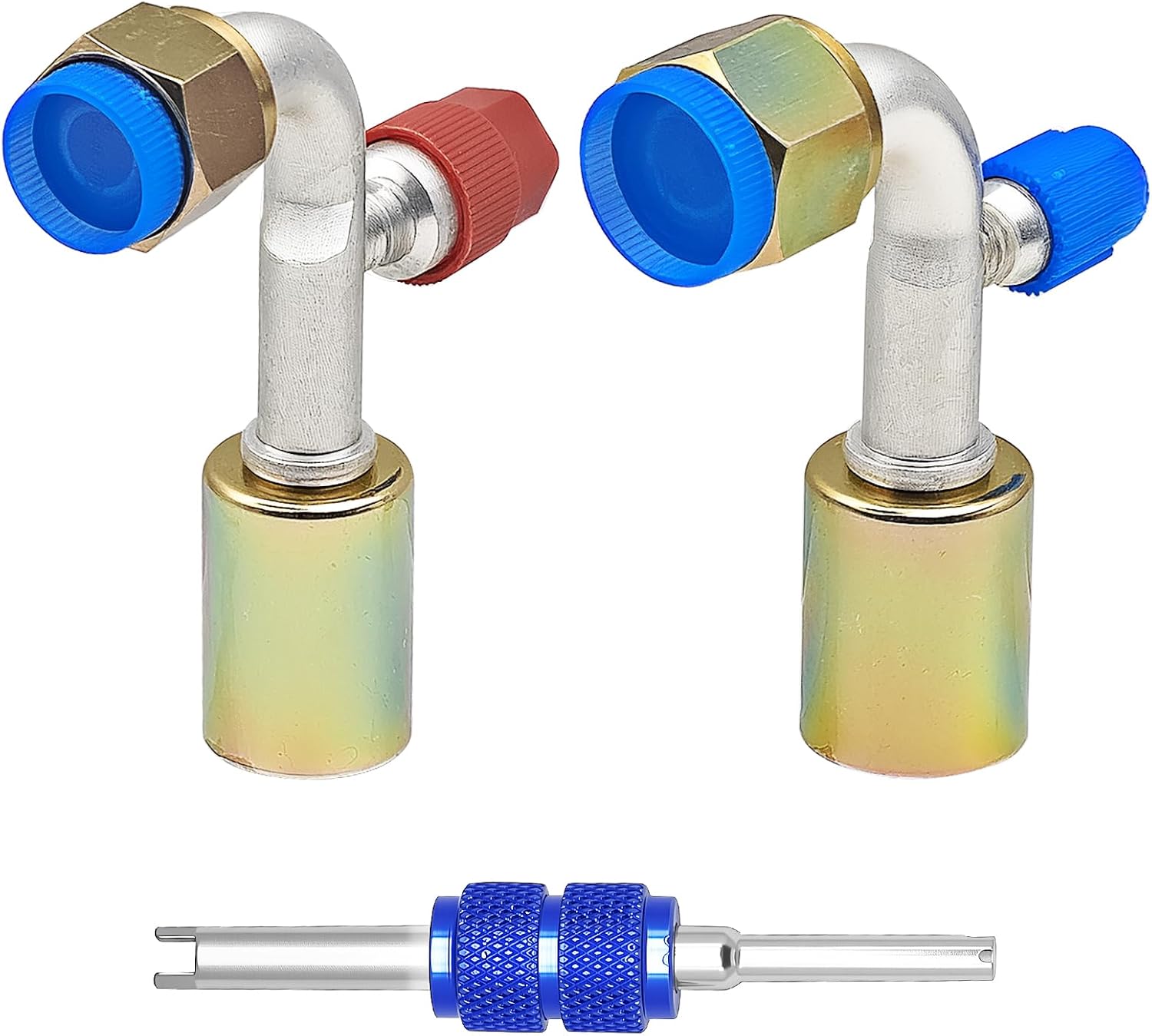 90 Degree A/C Hose Fittings, #8#10 90°Beadlock AC Line Adapter with R134A High and Low Pressure Valve, #8#10 Automatic Air Conditioning Hose Fittings for Car,Turck,Van and RV