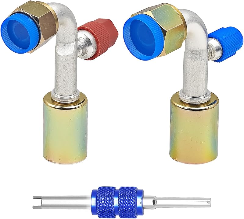 Kit de Conexões de Mangueira para Ar-Condicionado Automotivo Langina 90° #8 e #10 UNF com Válvula – 2 peças