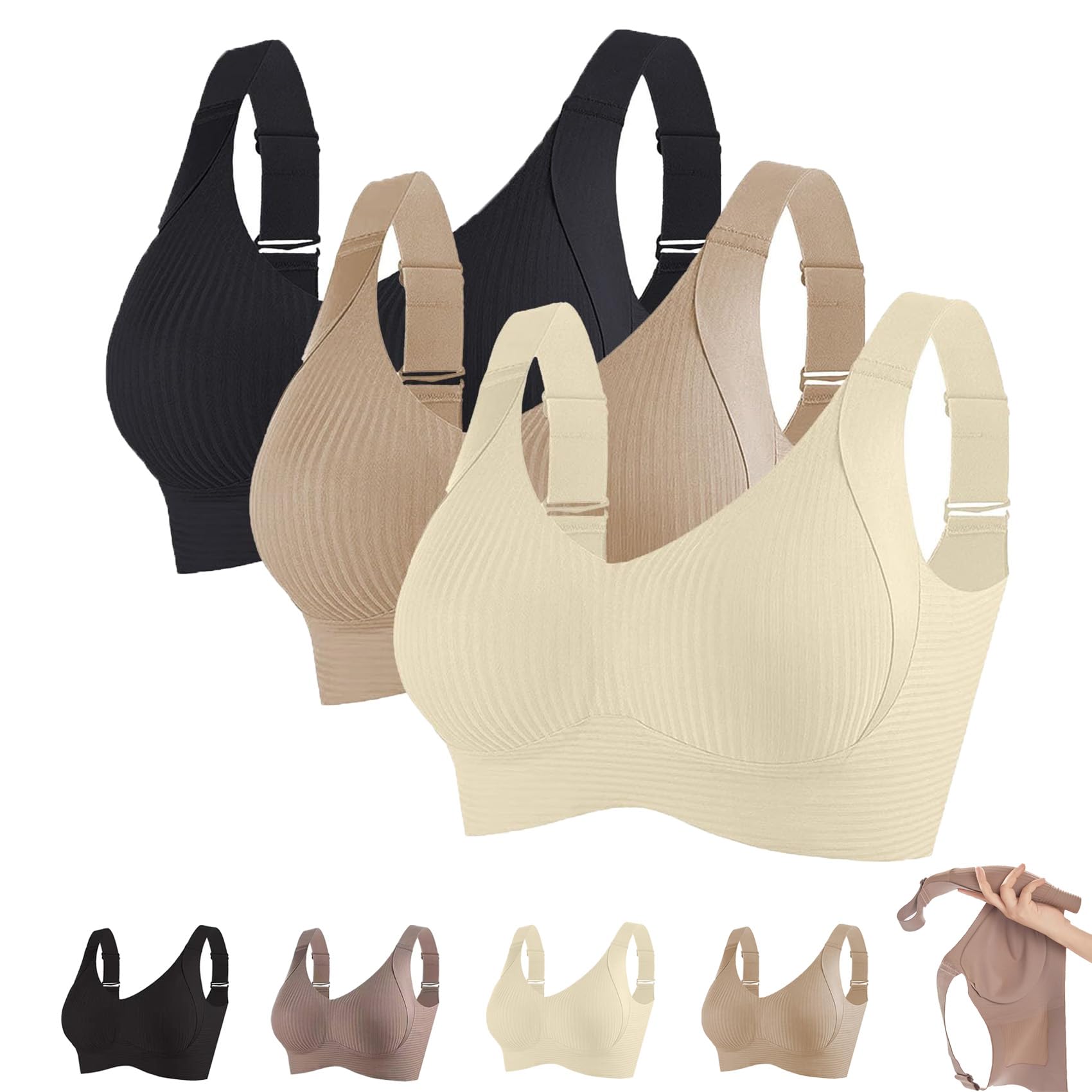 Damens Push-Up BH Ohne Bügel - Rippstoff Mit 4-fach Verschluss | Beige, Schwarz, Weiß, Teal