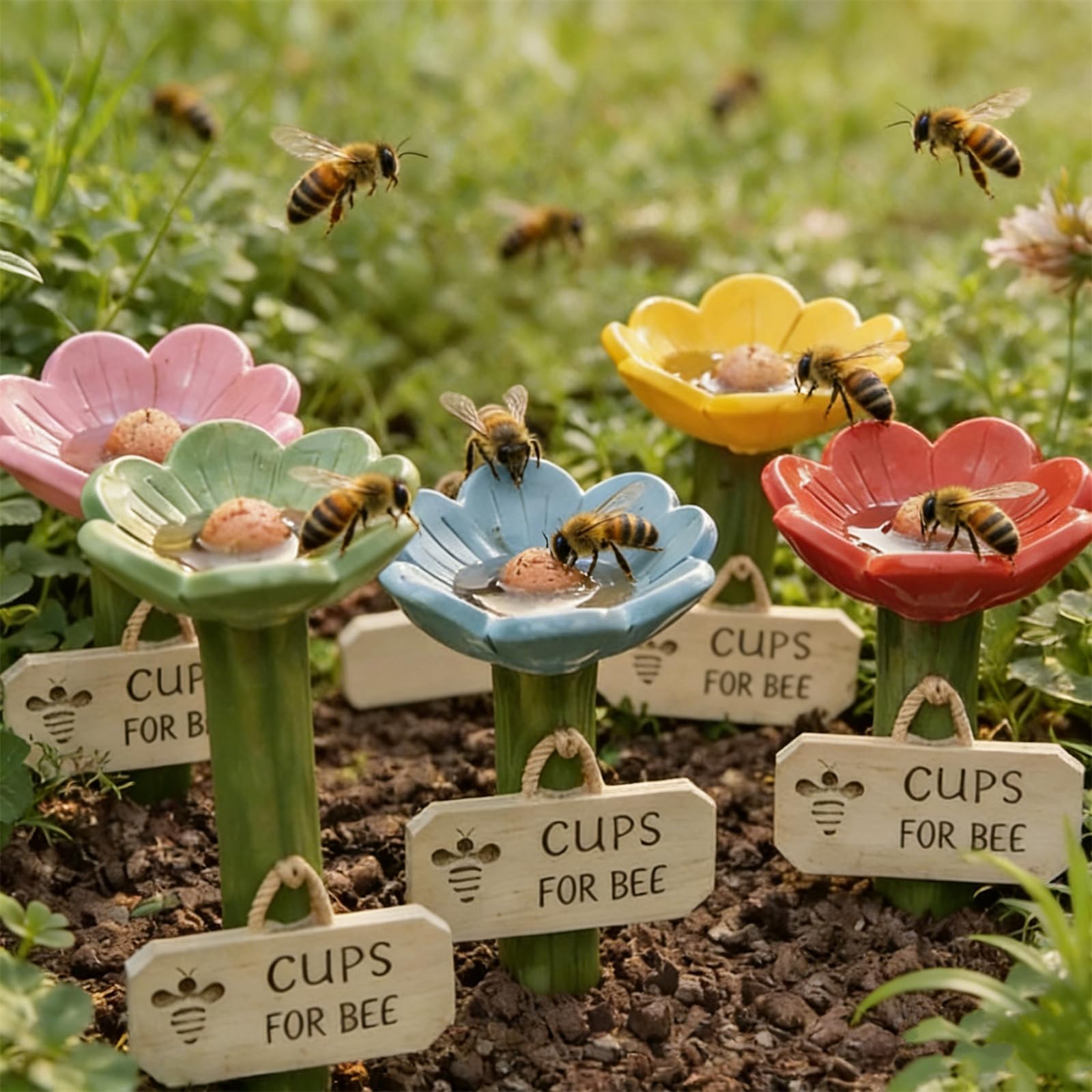 Station d'arrosage d'abeille en céramique en forme de fleur, station d'arrosage pour le jardin avec motif floral, pollinisateur extérieur