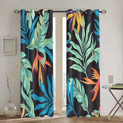 Amazon Saiaos 遮光カーテン 2枚セット 植物フローラルパームビーチタイムメンズ デコレーションウェアトロピカルフラワーバードパラダイスブルーリーフ おしゃれ 部屋飾り 断熱 防寒 防音 省エネ 間仕切りカーテン 洗える かわいい リビングルーム 寝室 かーてん 幅100cm