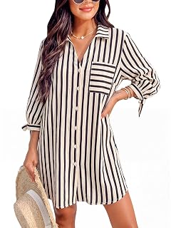 CUPSHE Women Swimsuit Coverup Button Down Casual Shirt Dress V Neck Beach Cover Ups with Pockets | Long Sleeve Swimsuit Cover Up, Chest Pockets, Lightweight and Breathable Fabrics, Summer Vacation Outfits - Amazon product rated Grade A