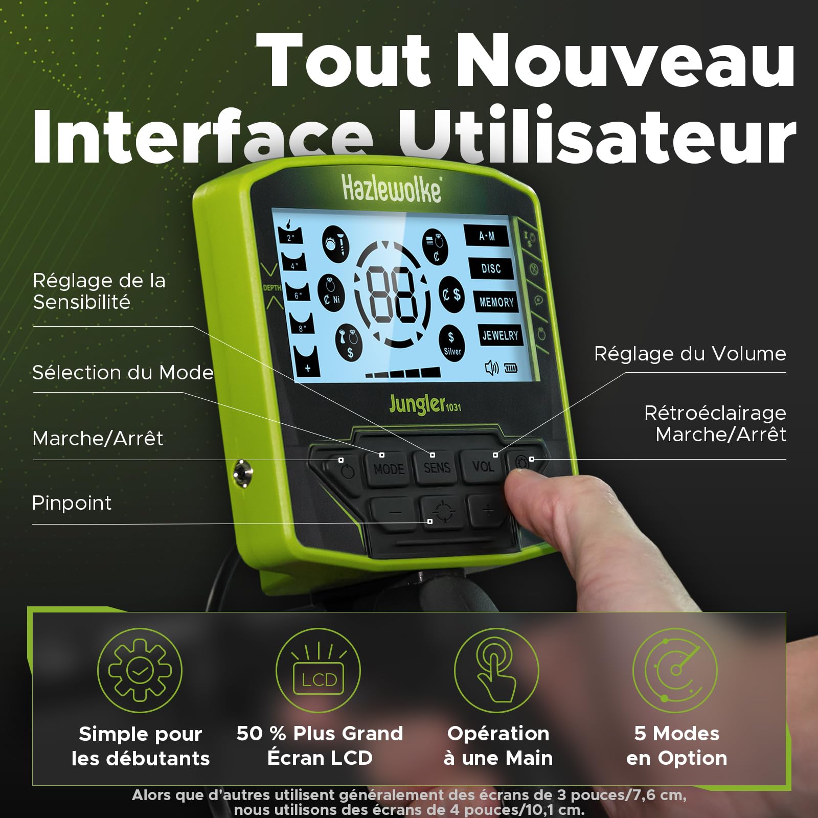 Hazlewolke Detecteur de Metaux pour Adultes, Plus Haute Précision avec Bobine Étanche de 25cm (10"), Plus Grand Écran LCD, 5 Modes Professionnels avec Pinpoint pour la Détection de l'or