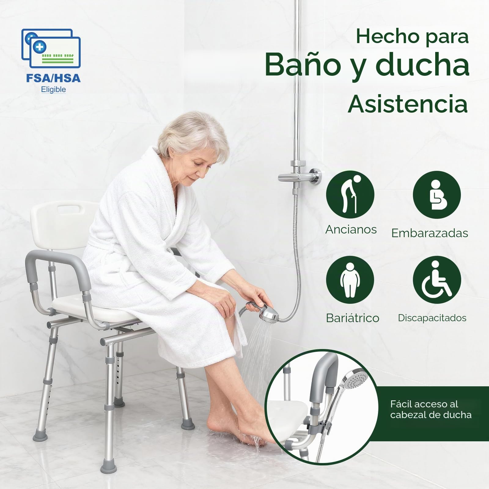 Agrish Silla de Ducha Giratoria 360° con Respaldo y Brazos Extraíbles | Altura regulable, base antideslizante y capacidad de 204 kg; ideal para mayores y personas con movilidad reducida