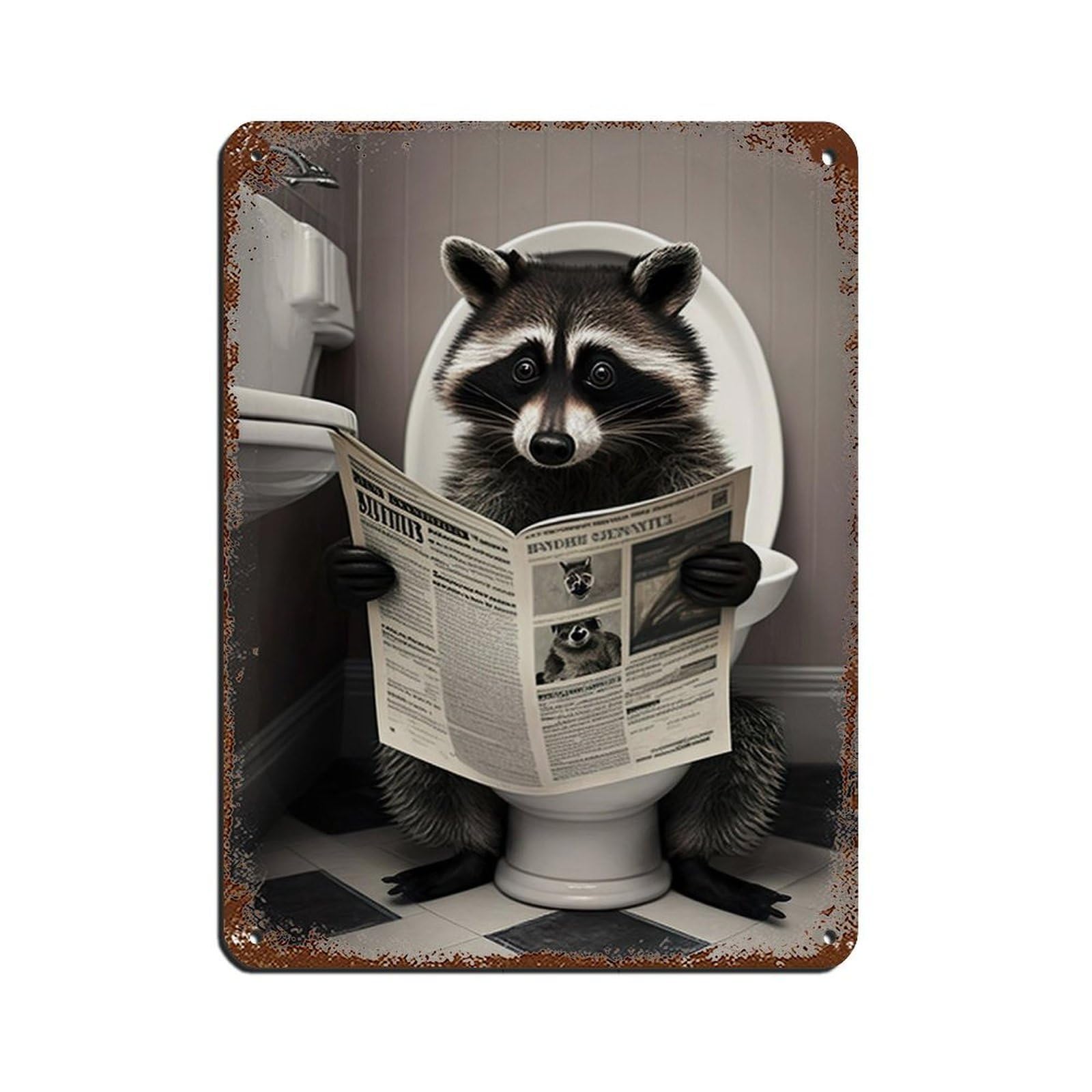 Raccoon Sitting on The Toilet Reading A Newspaper Tin Sign Vintage Metal Pub Club Cafe Bar Home Wall Art Decoration Poster Retro 12x16inch(30x40cm)