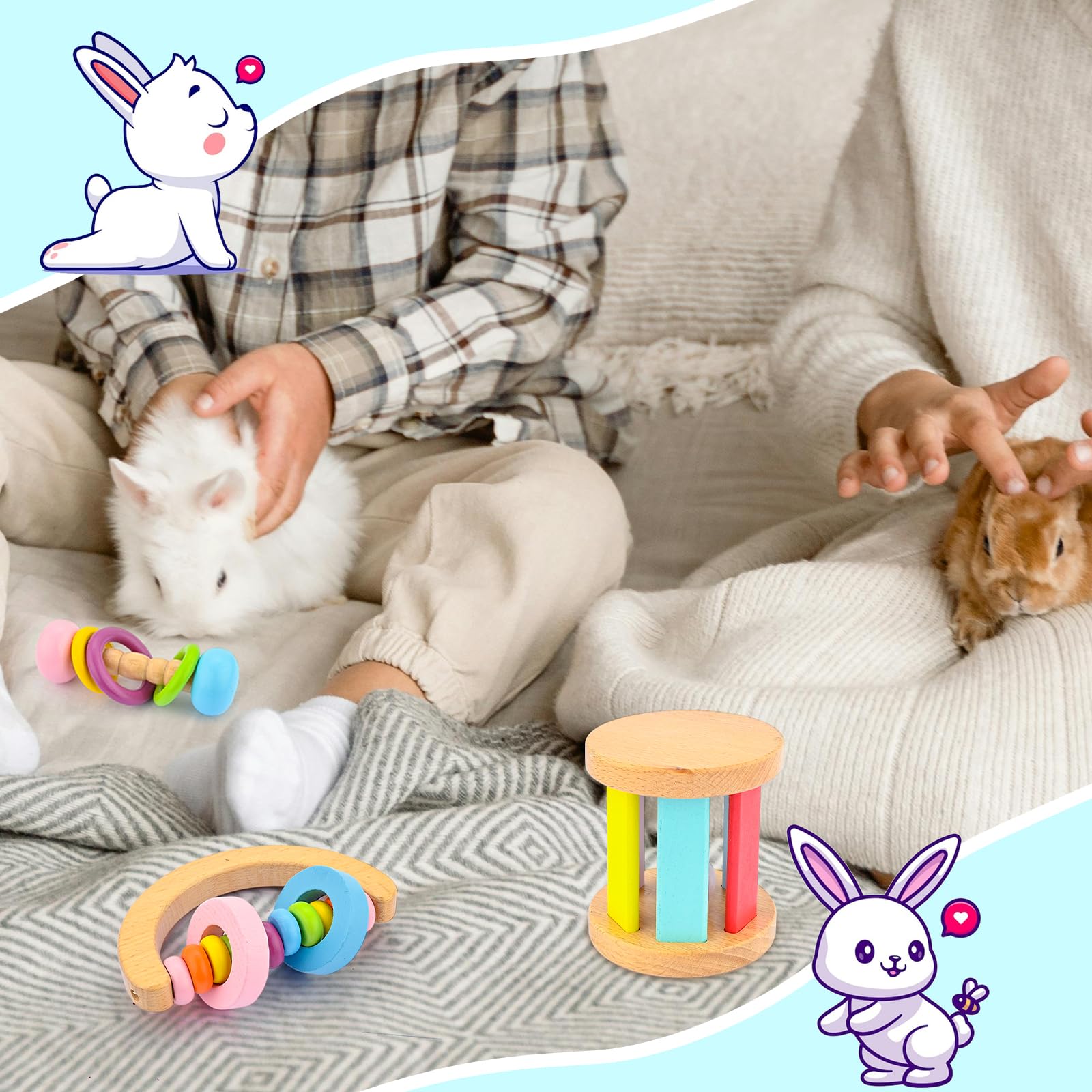 3 Pcs Rabbit Toys - Safe Wooden Bunny Toy - Bite-Resistant