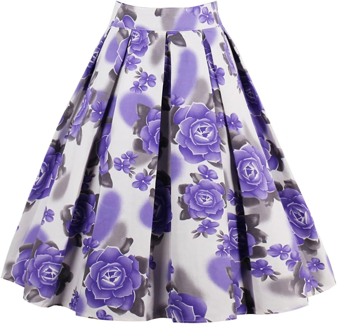 Girstunm Women's Pleated Vintage Skirt Floral Print A-line Midi Skirts with Pockets Purple-Flowers M