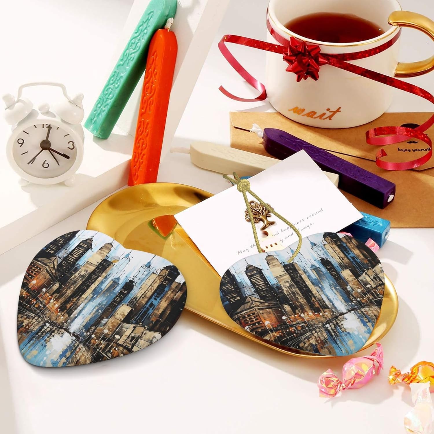Ceramic Christmas Ornaments Heart Shaped Xmas Hanging Ornament Double-Sided City Painting Print Christmas Tree Pendants for Fireplace Party Holiday Wedding Xmas Decoration