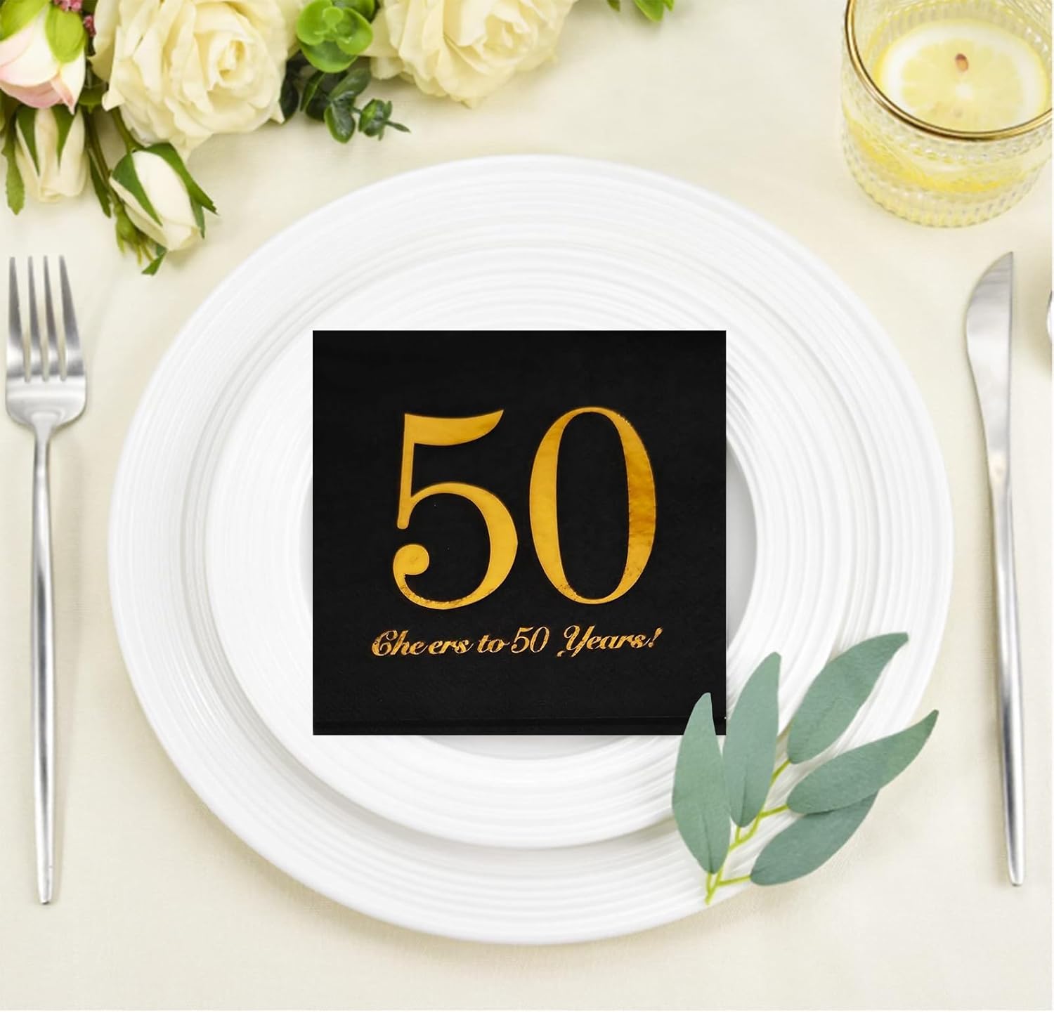 50歳の誕生日デコレーションナプキンとプレートセット、男性、女性、50歳の誕生日用品デコレーション食器セット、紙皿とナプキン、ブラッ