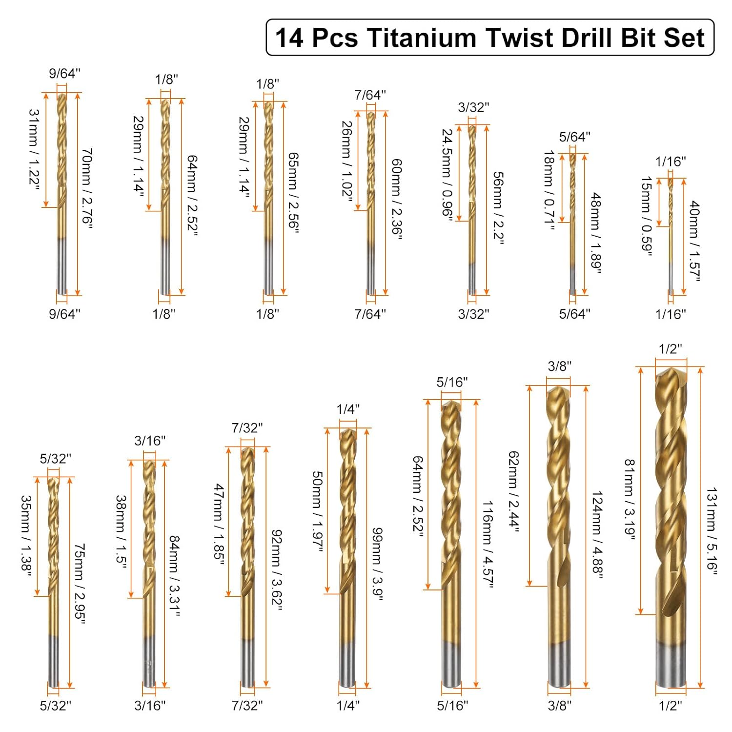 uxcell 14pcs Titanium Twist Drill Bit Set 1/16"- 1/2" Drilling Dia High Speed Steel Drills for Hardened Metal, Stainless Steel, Cast Iron, Wood, Plastic with Case