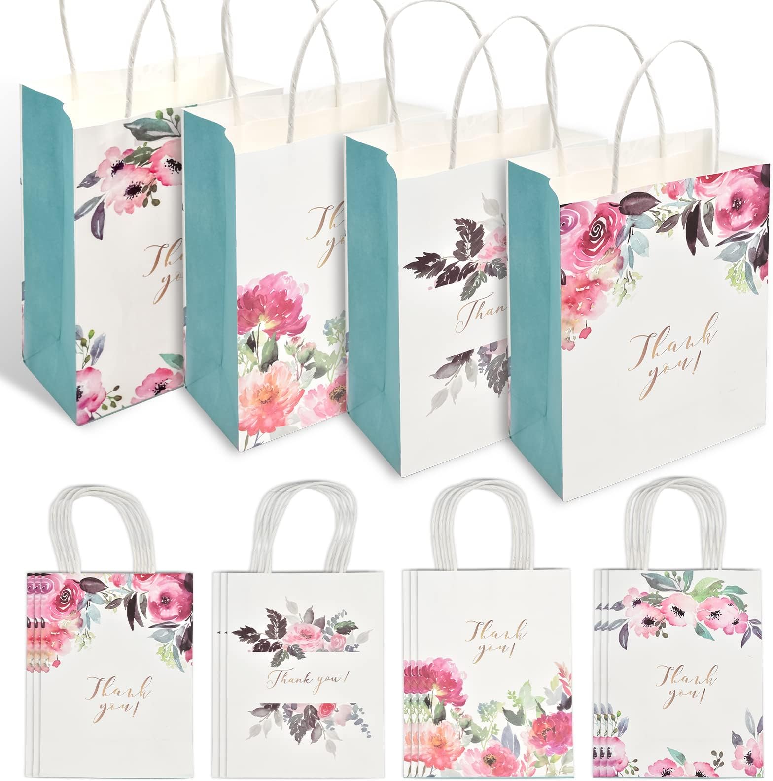 SkyzonePaper Flower Gift Bags with Handles, 12 Pack Hen Party Bags White Kraft Paper Bags with Floral Pattern for Christmas, Birthday and Wedding Party