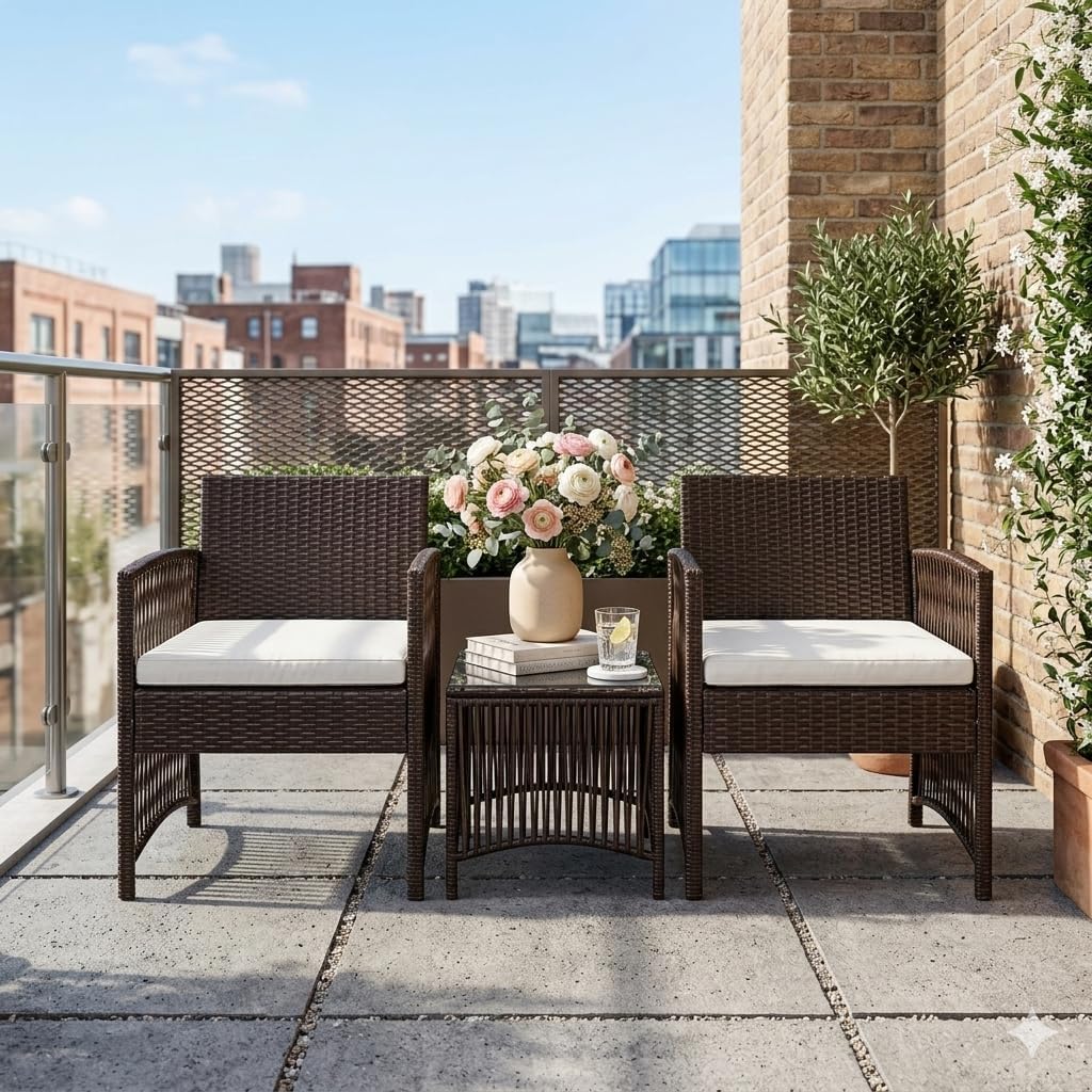 GIANGSUNNY 3 Piece Patio Furniture Set, Outdoor Hand-Woven Wicker Rattan Conversation Set with 2 Chairs and Double-Sided Tempered Glass Table, Modern Patio Seating for Balcony, Porch, Garden (Brown)