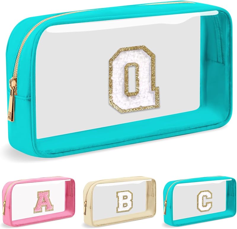 Necessaire de maquiagem transparente UIXIZQ com letra inicial em chenille, nylon e PVC, Small-Green