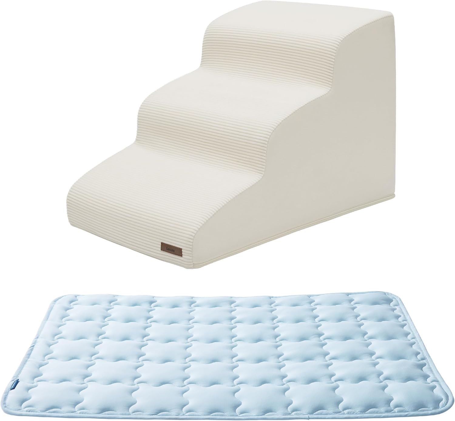 Bedsure Cooling Mat (24"x18", Blue, Q-Max>0.5, Washable) and Lesure 3-Step Dog Stairs (Beige, CertiPUR-US Foam, Non-Slip) – Cooling Relief & Safe Access for Small Dogs and Cats