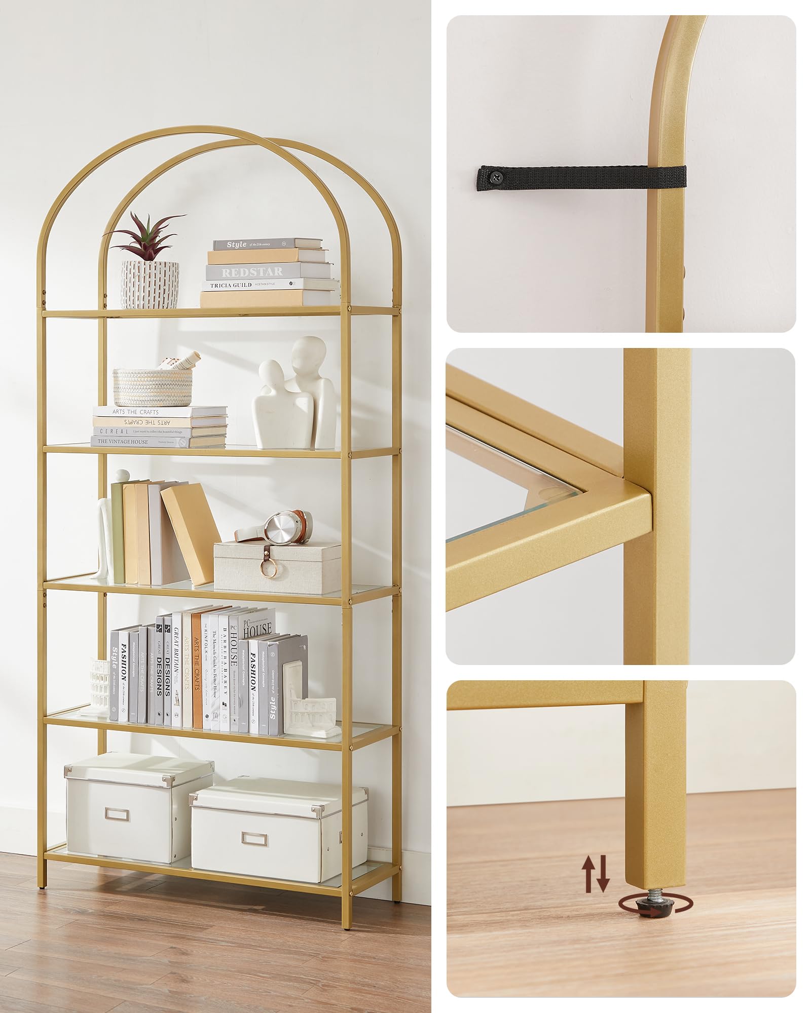 VASAGLE Regal, Bücherregal 5 Ebenen, Standregal aus Hartglas, Aufbewahrungsregal, bogenförmig, Metallstruktur, für Wohnzimmer Schlafzimmer Arbeitszimmer Bad, goldfarben-transparent LGT050A01