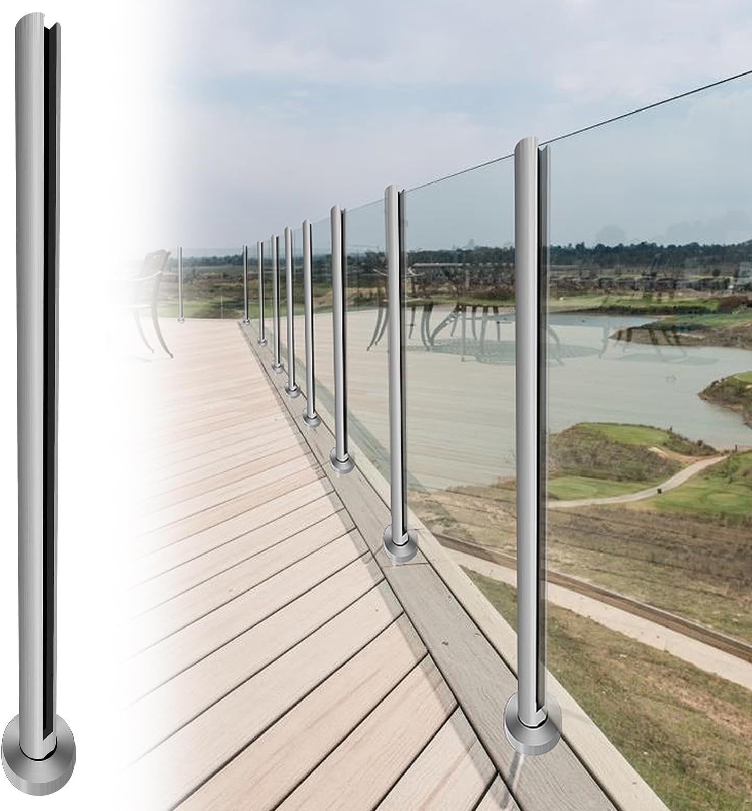 43.5" Round Glass Railing Post,Modern Black Glass Balustrade System Side Post with Spigot Slots for Indoors & Outdoors, Deck Corner Glass Post for Balcony,Porch,Staircase,Yard