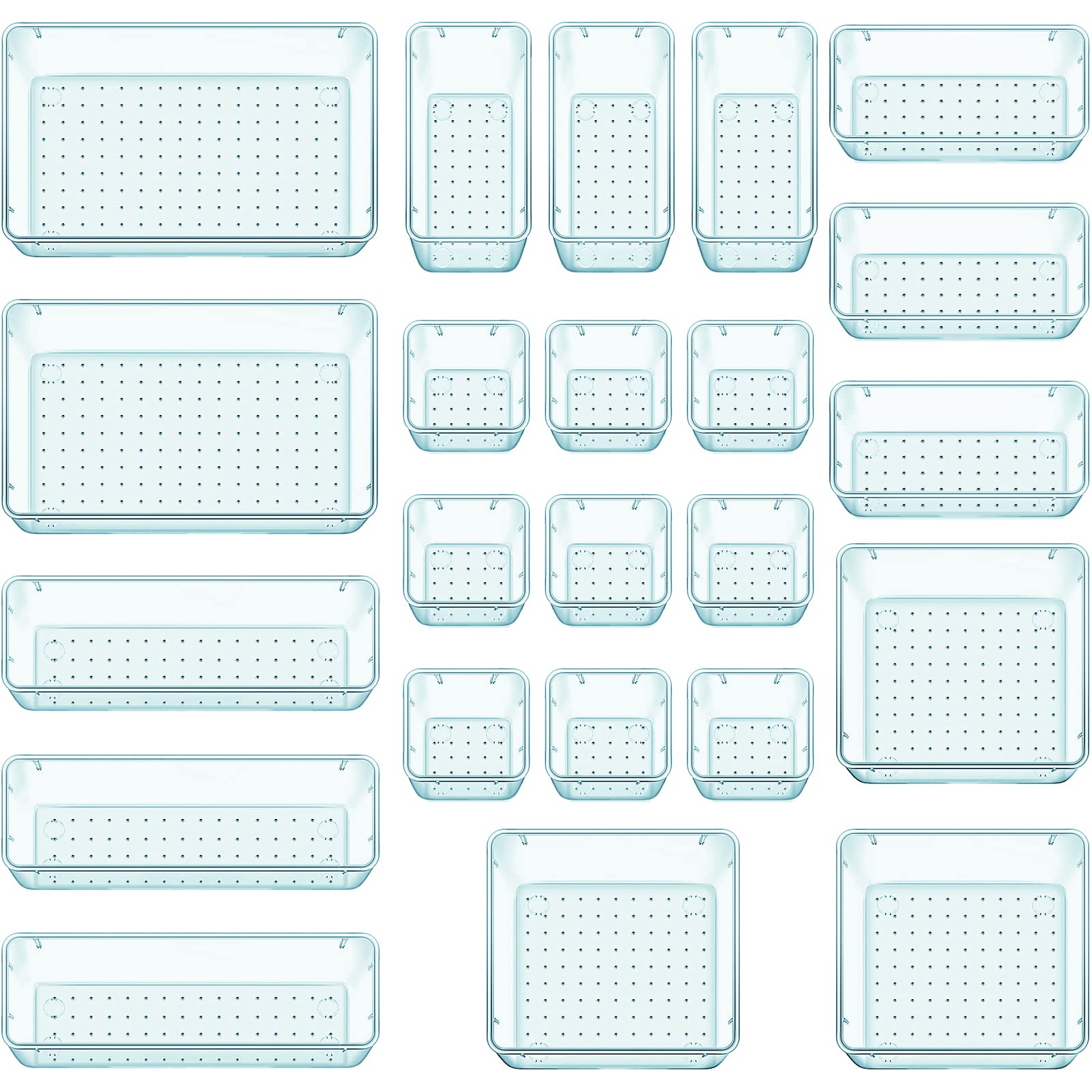 23 PCS Drawer Organizer Set, 5 Varied Size Bathroom and kitchen Drawer cabinet organizer Trays, Clear Storage Bins for Makeup, Jewelry, Utensils and Gadgets