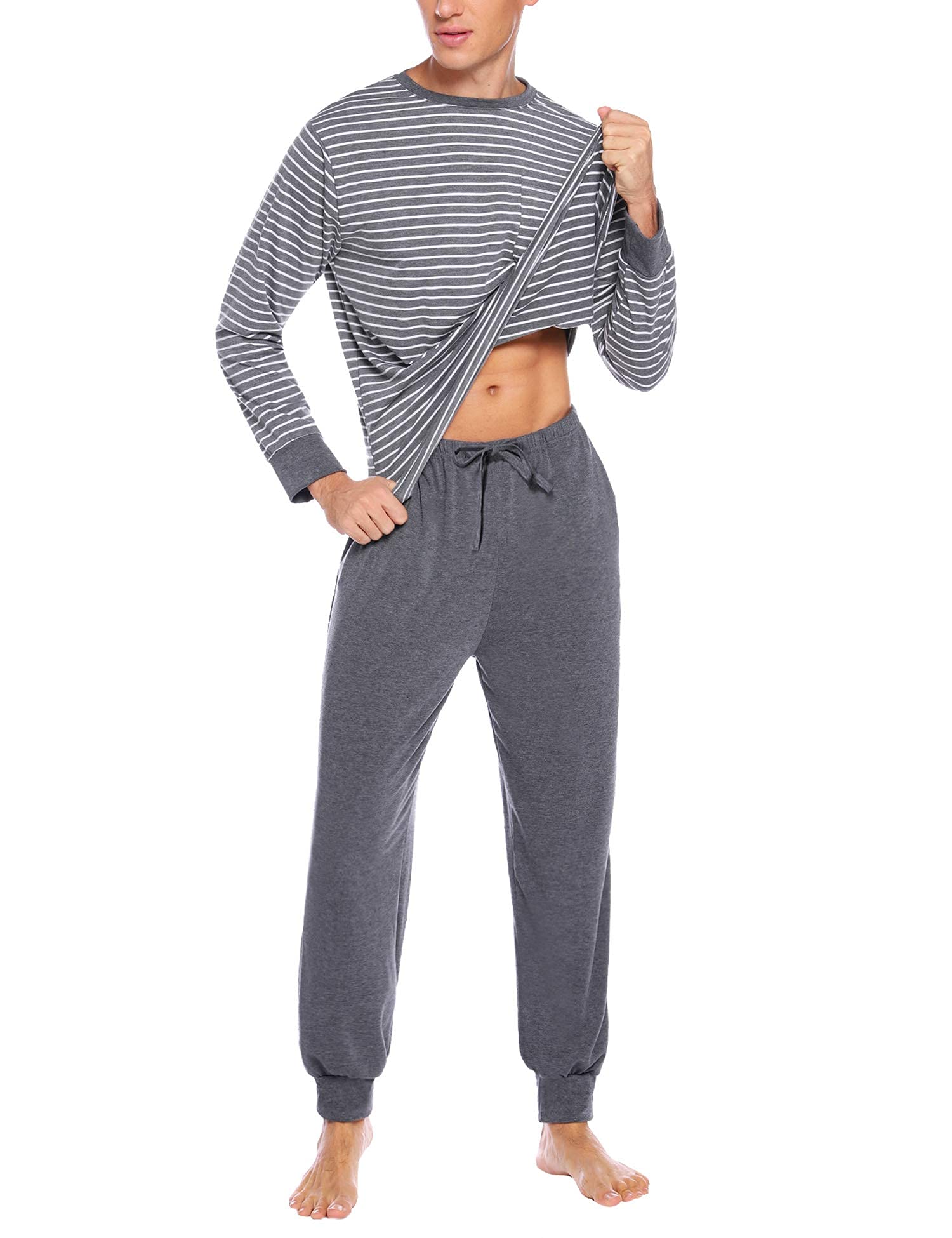 Sykooria Pijama Hombre Algodón Conjunto de Pijama de Manga Larga Ropa de Dormir 2 Piezas Conjunto de Pijama a Rayas y Pantalones Largos con Bolsillos S-3XL