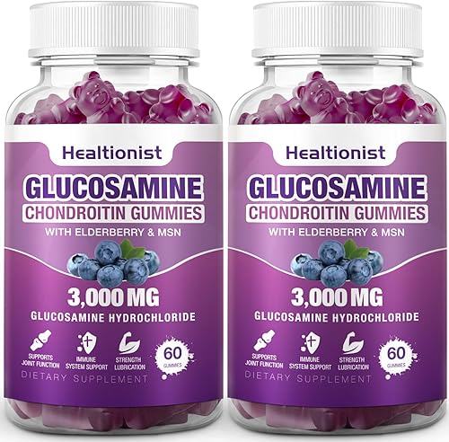 2 paquetes de gomitas de glucosamina condroitina de 3000 mg con MSM y saúco, extra fuerte, salud articular, flexibilidad, suplemento antioxidante de